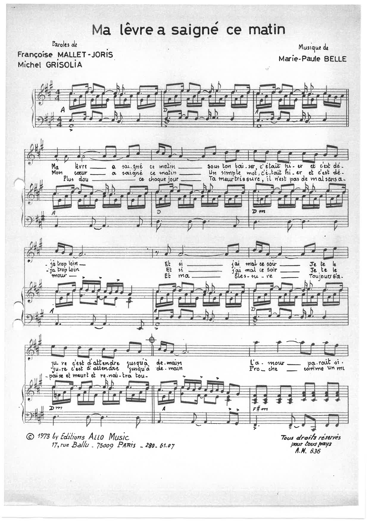 Michel Grisolia, Françoise Mallet-Joris, Marie Paule Belle Ma Levre A Saigne Ce Matin Sheet Music Notes & Chords for Piano & Vocal - Download or Print PDF
