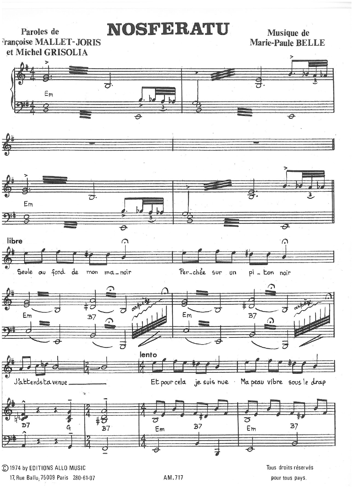 Michel Grisolia, Françoise Mallet-Joris, Marie Paule Belle Nosferatu Sheet Music Notes & Chords for Piano & Vocal - Download or Print PDF
