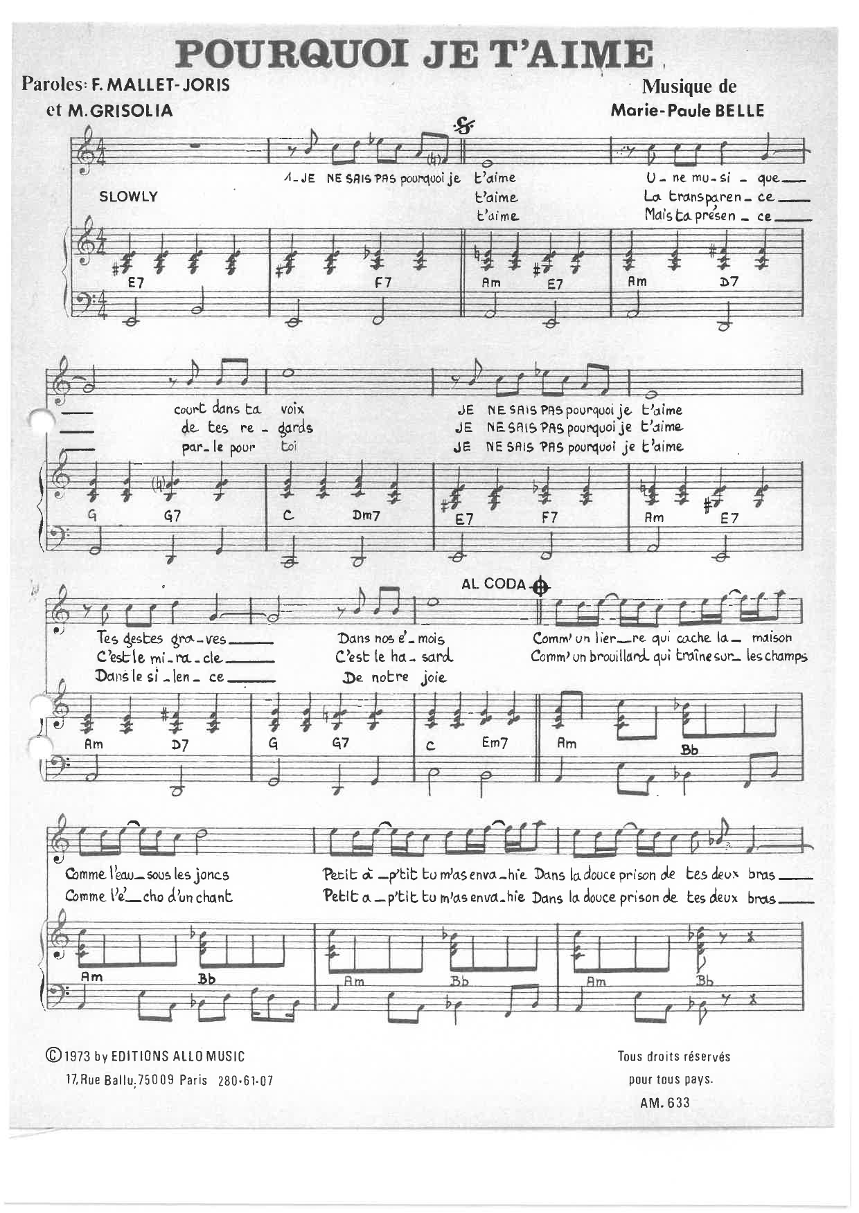 Michel Grisolia, Françoise Mallet-Joris, Marie Paule Belle Pourquoi Je T'aime Sheet Music Notes & Chords for Piano & Vocal - Download or Print PDF