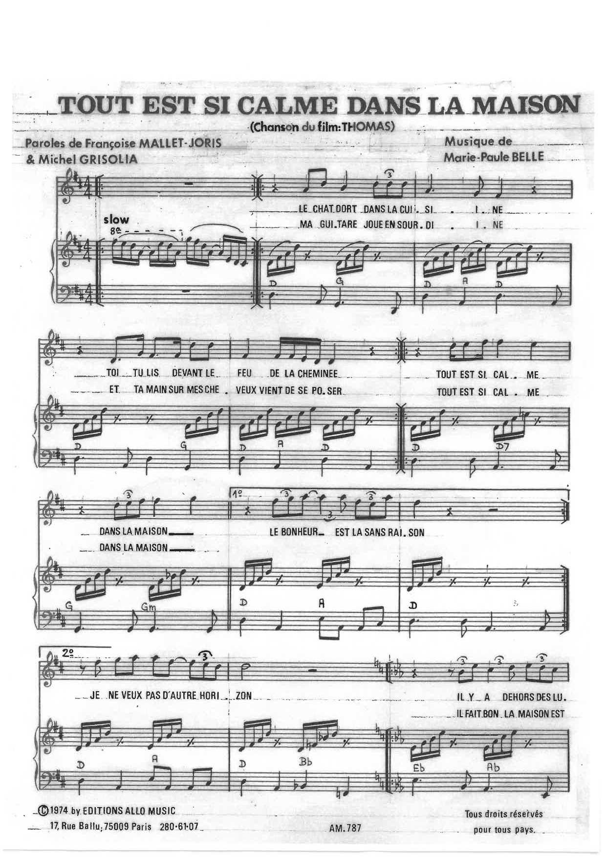Michel Grisolia, Françoise Mallet-Joris, Marie Paule Belle Tout Est Si Calme Dans La Maison Sheet Music Notes & Chords for Piano & Vocal - Download or Print PDF