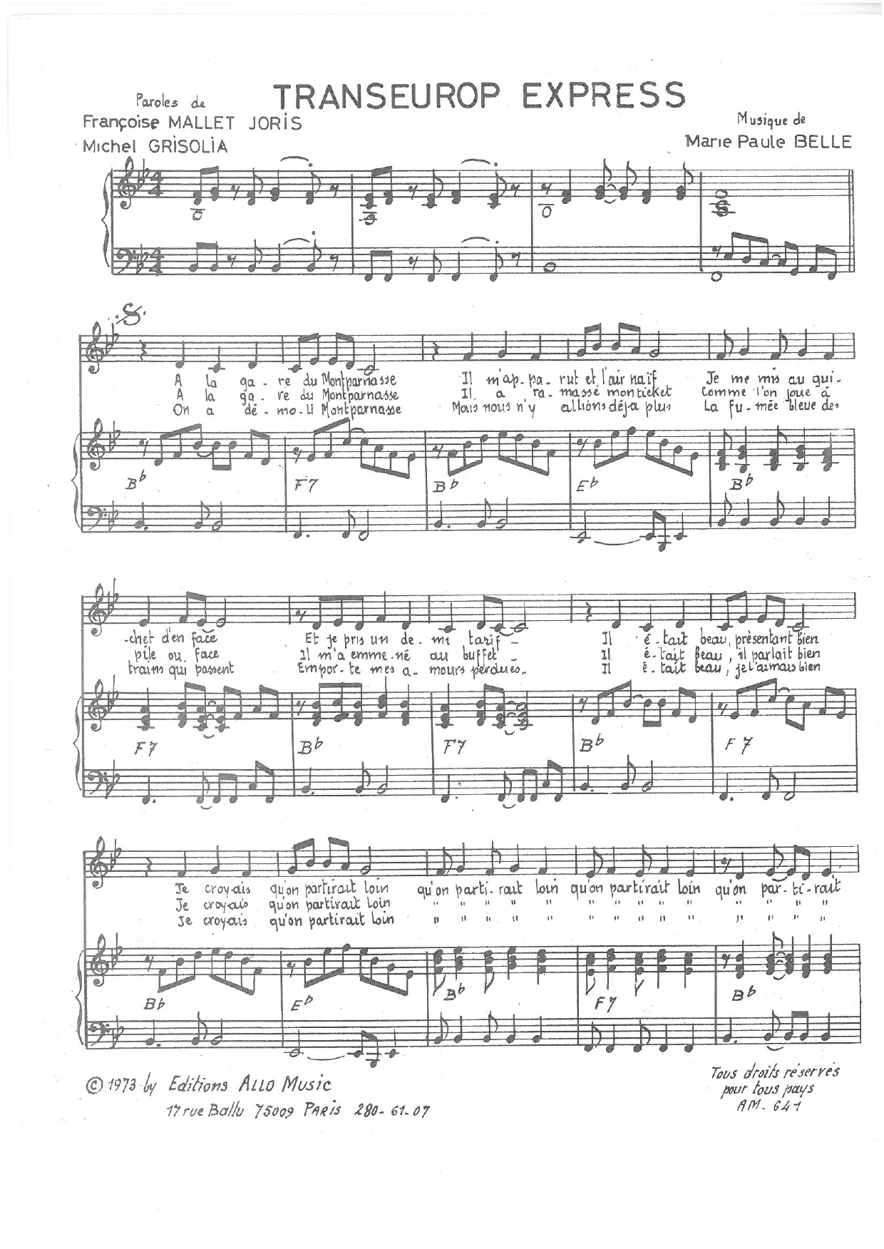 Michel Grisolia, Françoise Mallet-Joris, Marie Paule Belle Transeurop Express Sheet Music Notes & Chords for Piano & Vocal - Download or Print PDF