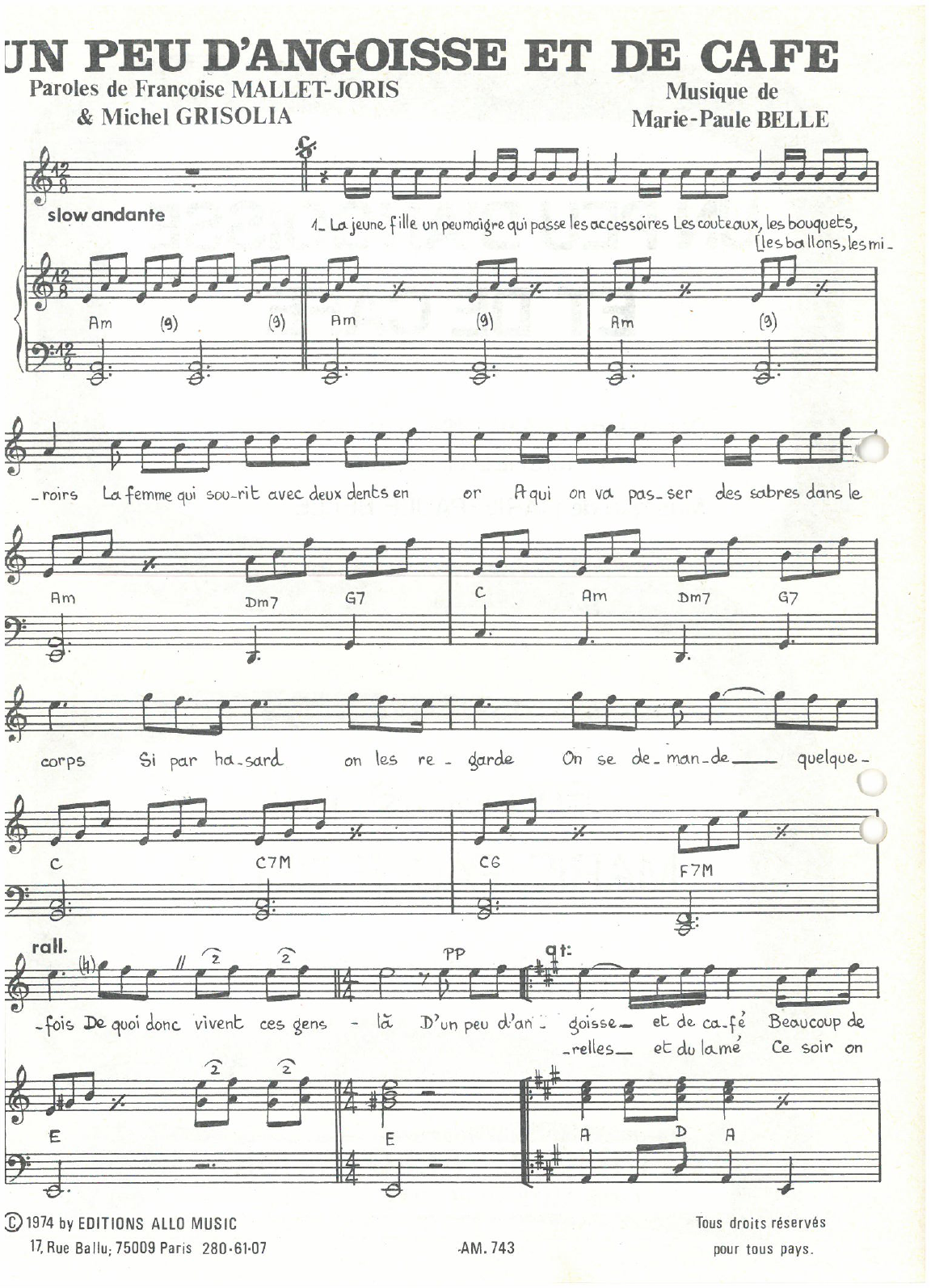 Michel Grisolia, Françoise Mallet-Joris, Marie Paule Belle Un Peu D'angoisse Et De Cafe Sheet Music Notes & Chords for Piano & Vocal - Download or Print PDF