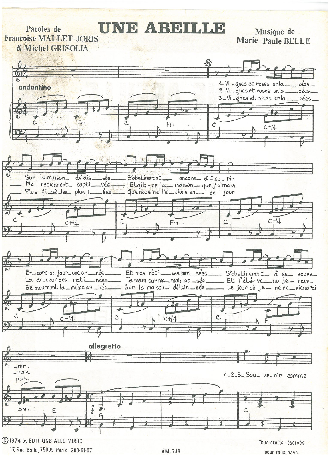 Michel Grisolia, Françoise Mallet-Joris, Marie Paule Belle Une Abeille Sheet Music Notes & Chords for Piano & Vocal - Download or Print PDF
