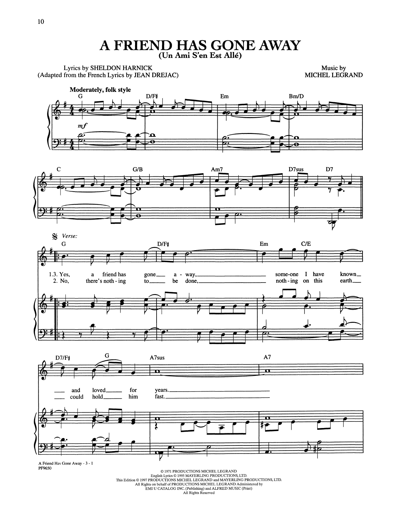 Michel Legrand and Sheldon Harnick A Friend Has Gone Away Sheet Music Notes & Chords for Piano, Vocal & Guitar Chords (Right-Hand Melody) - Download or Print PDF