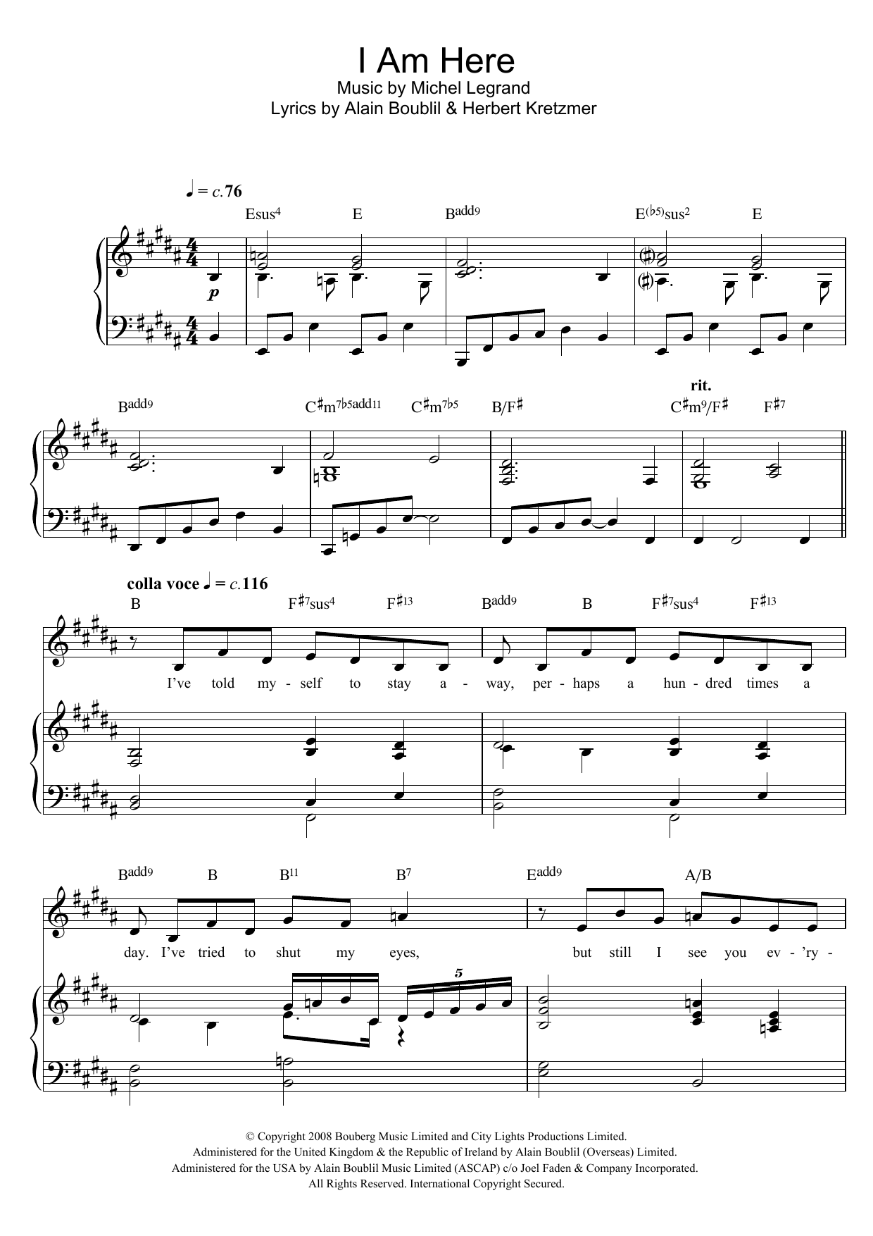 Michel LeGrand I Am Here (from 'Marguerite') Sheet Music Notes & Chords for Piano, Vocal & Guitar - Download or Print PDF