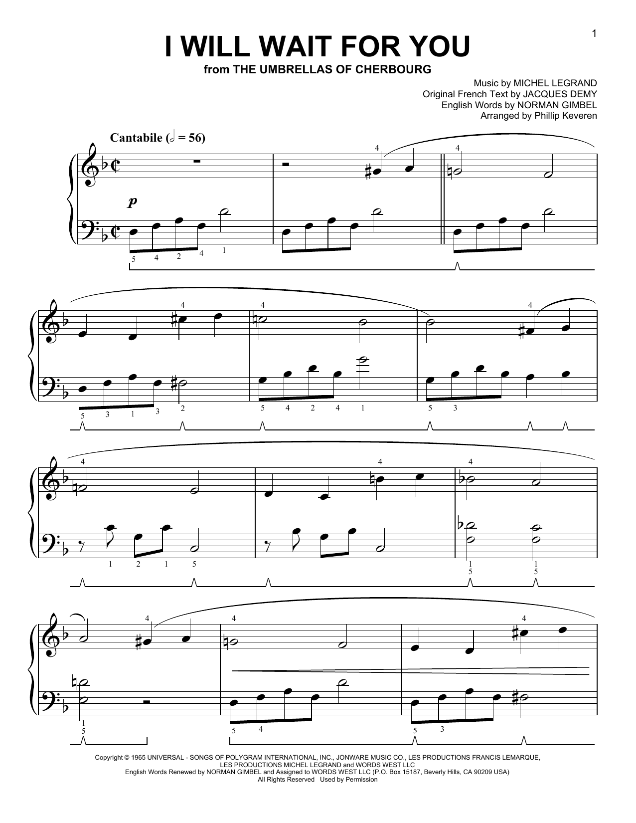 Michel Legrand I Will Wait For You [Classical version] (arr. Phillip Keveren) Sheet Music Notes & Chords for Easy Piano - Download or Print PDF