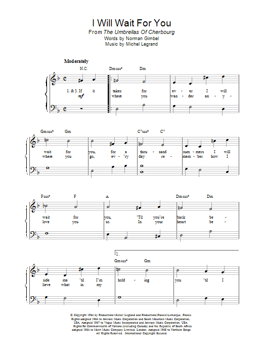 Michel LeGrand I Will Wait For You Sheet Music Notes & Chords for Real Book - Melody & Chords - C Instruments - Download or Print PDF