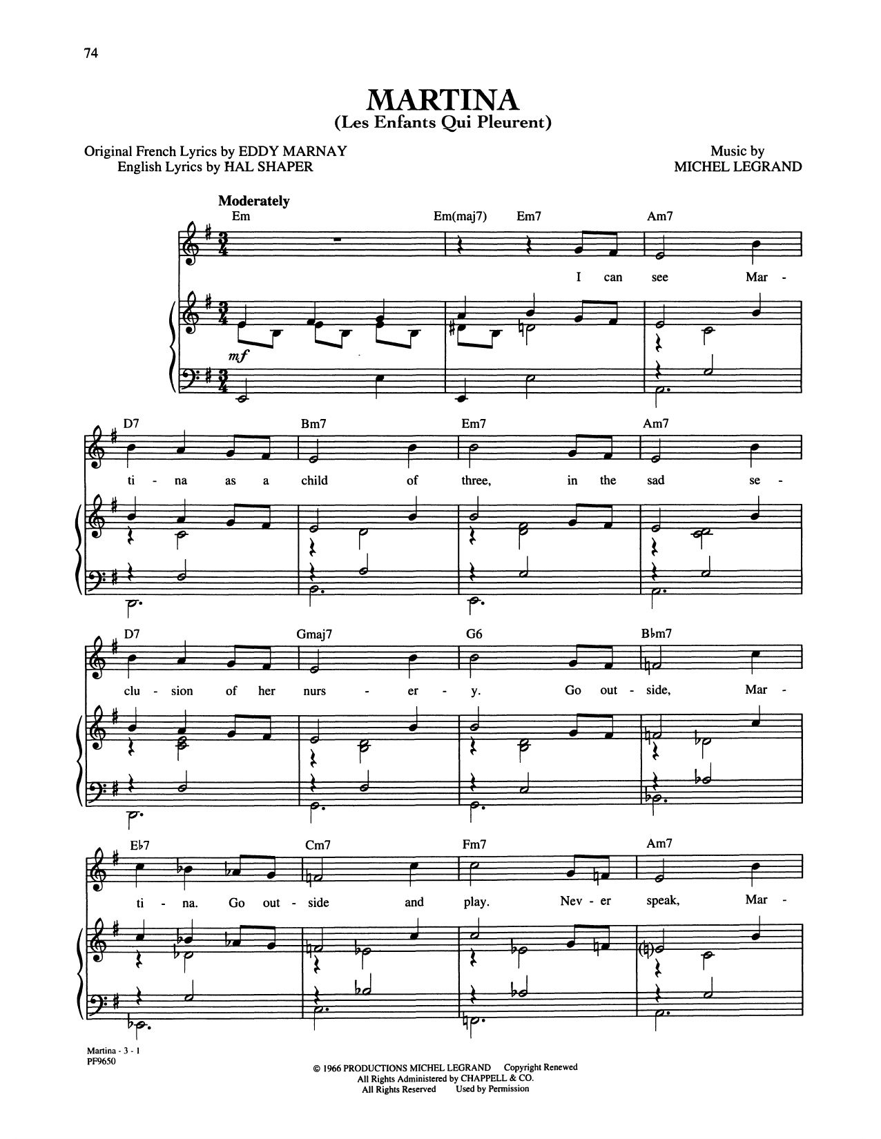 Michel LeGrand Martina (Les Enfants Qui Pleurent) Sheet Music Notes & Chords for Piano, Vocal & Guitar Chords (Right-Hand Melody) - Download or Print PDF