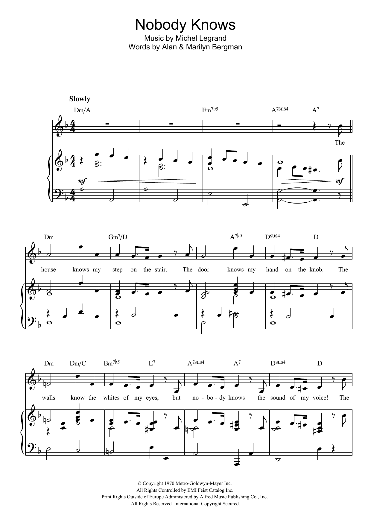 Michel LeGrand Nobody Knows Sheet Music Notes & Chords for Piano, Vocal & Guitar - Download or Print PDF