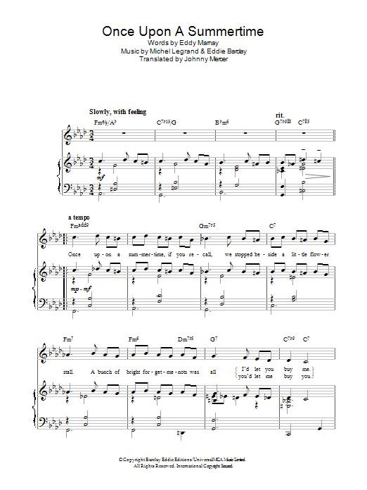Michel LeGrand Once Upon A Summertime Sheet Music Notes & Chords for Piano - Download or Print PDF