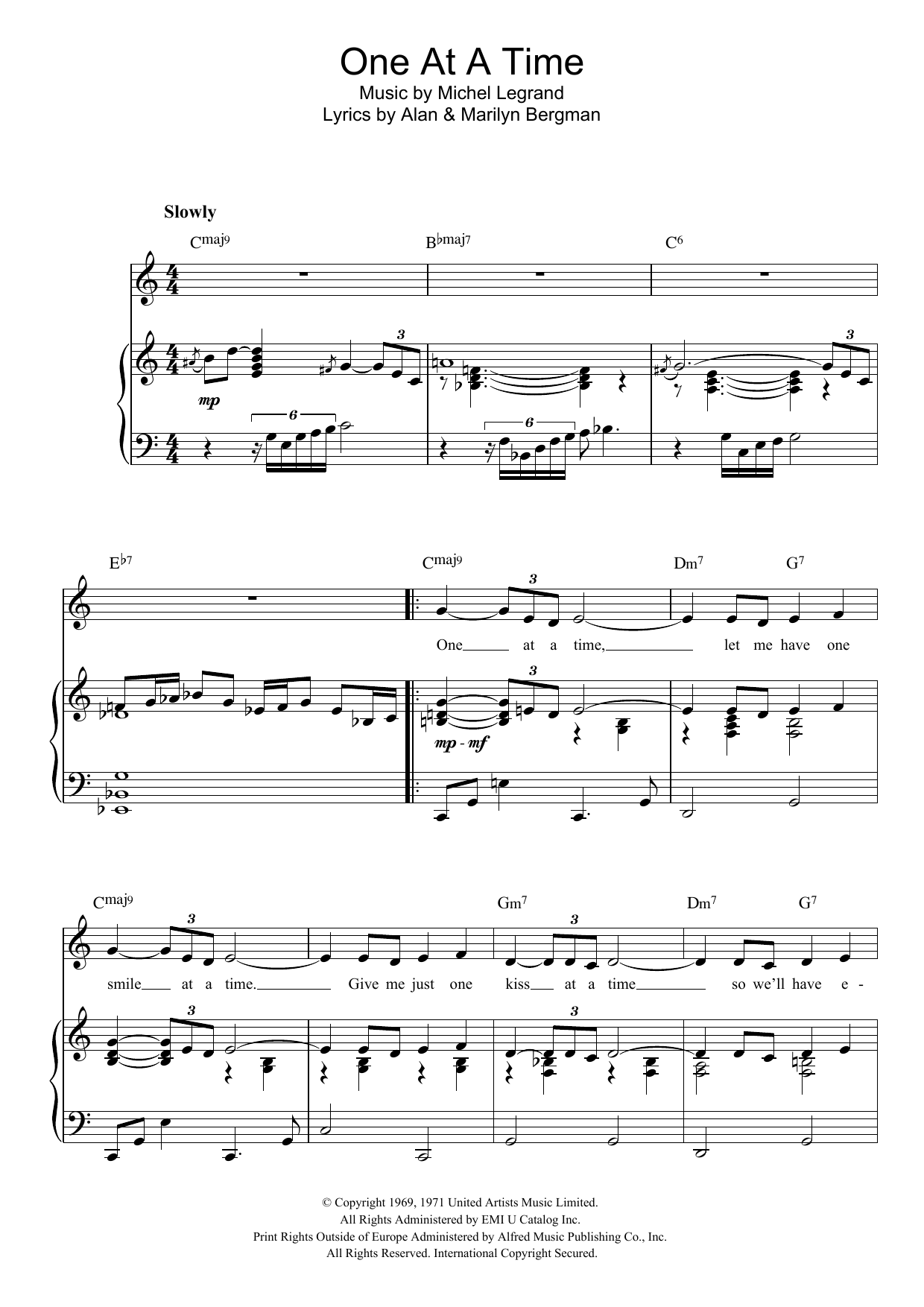 Michel LeGrand One At A Time Sheet Music Notes & Chords for Piano, Vocal & Guitar - Download or Print PDF