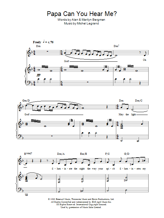 Michel LeGrand Papa Can You Hear Me? Sheet Music Notes & Chords for Piano, Vocal & Guitar - Download or Print PDF