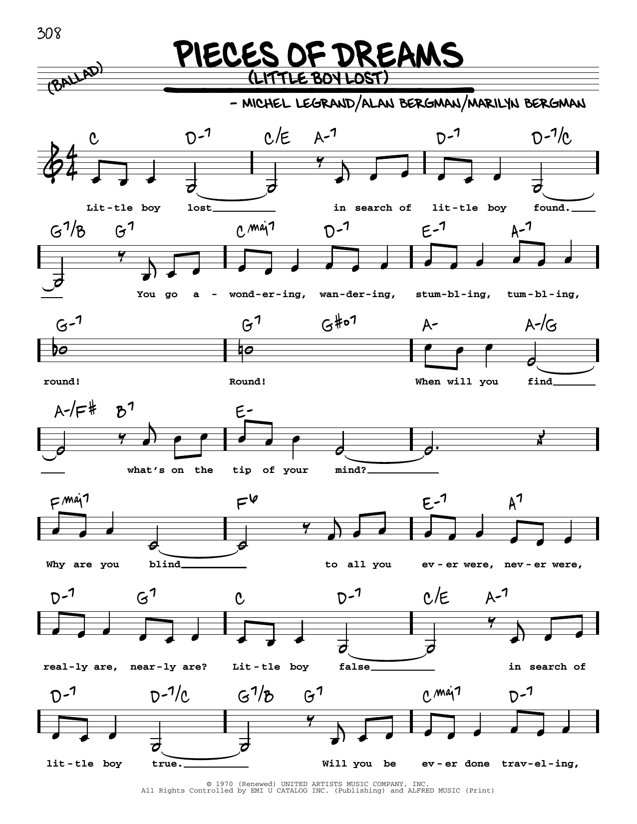 Michel LeGrand Pieces Of Dreams (Little Boy Lost) (Low Voice) Sheet Music Notes & Chords for Real Book – Melody, Lyrics & Chords - Download or Print PDF