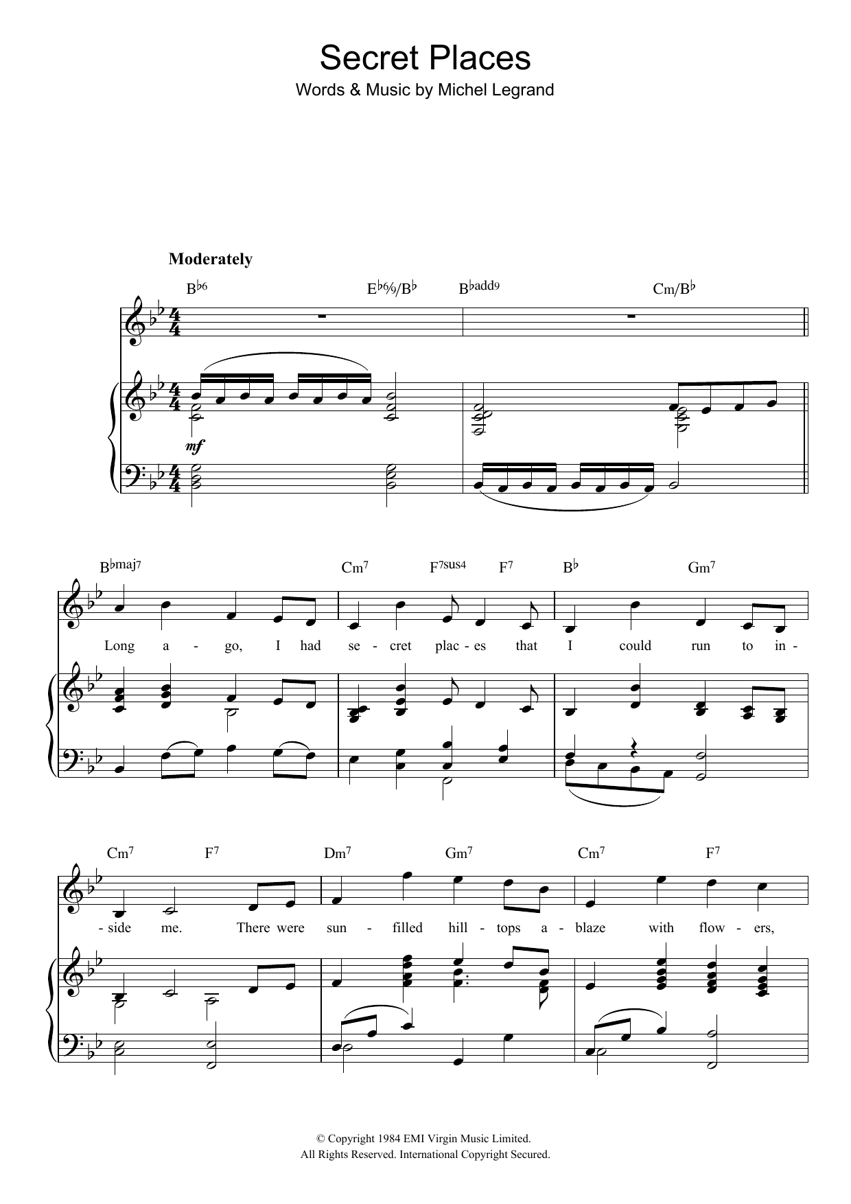 Michel LeGrand Secret Places Sheet Music Notes & Chords for Piano, Vocal & Guitar - Download or Print PDF