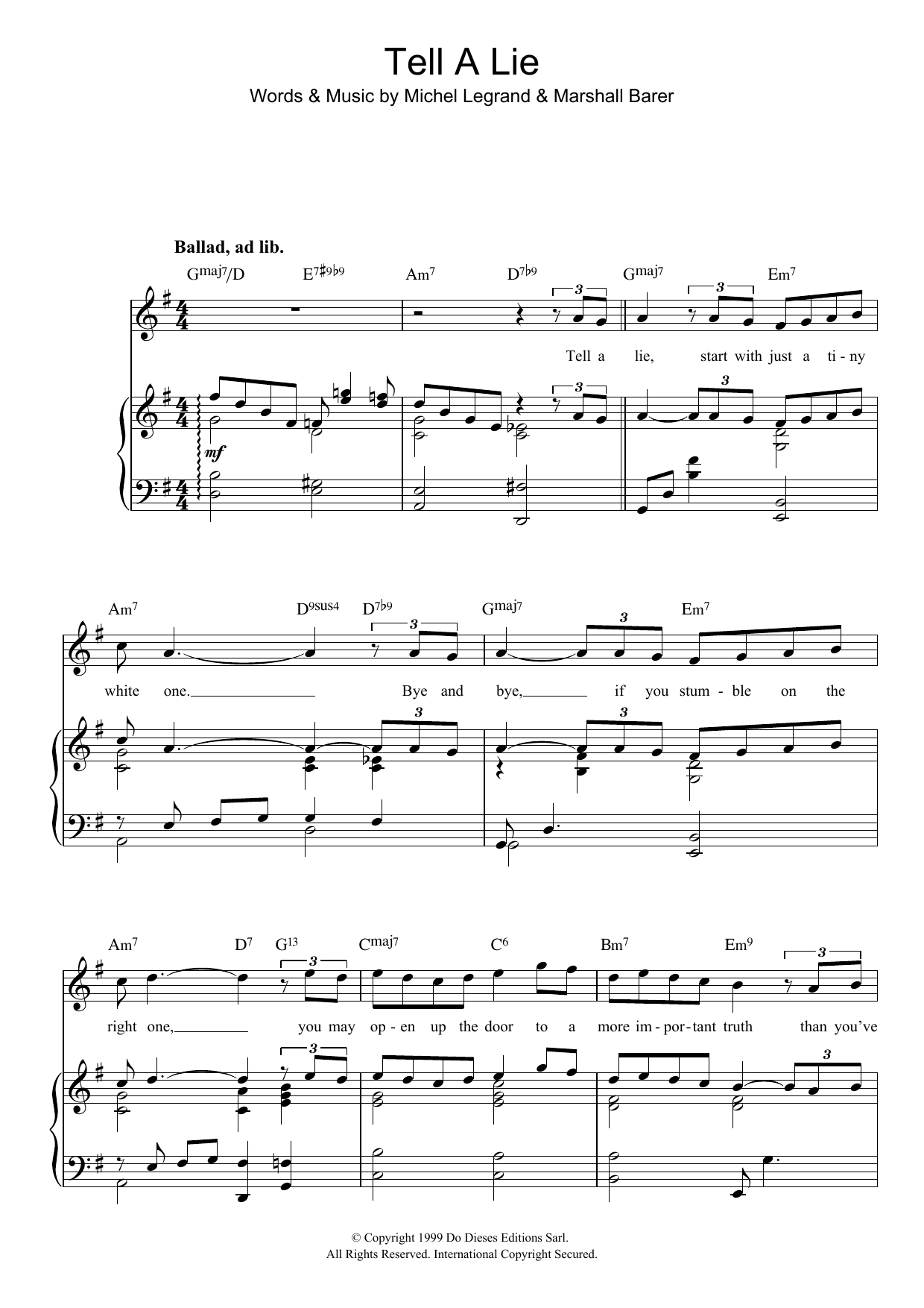 Michel LeGrand Tell A Lie Sheet Music Notes & Chords for Piano, Vocal & Guitar - Download or Print PDF