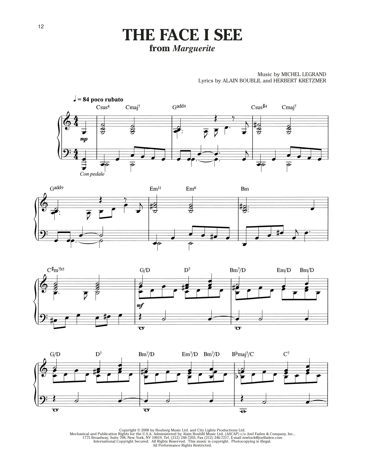 Michel LeGrand The Face I See (from Marguerite) Sheet Music Notes & Chords for Piano & Vocal - Download or Print PDF