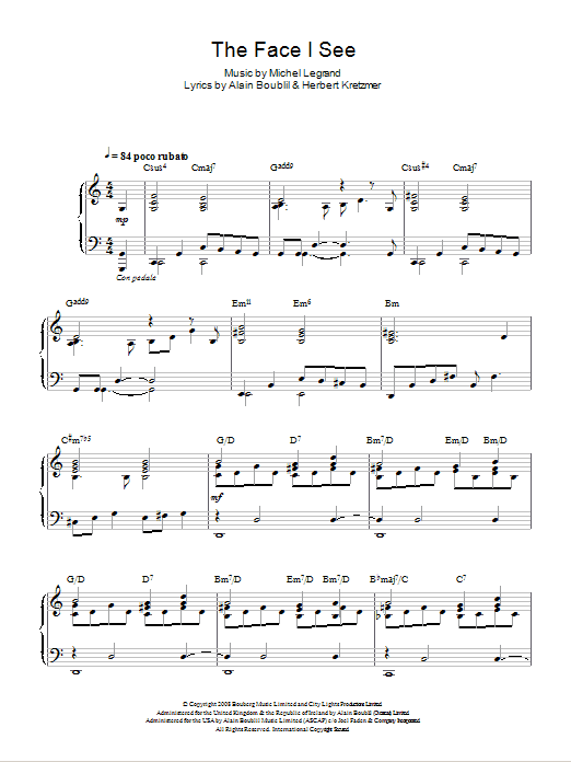 Michel LeGrand The Face I See Sheet Music Notes & Chords for Piano, Vocal & Guitar - Download or Print PDF