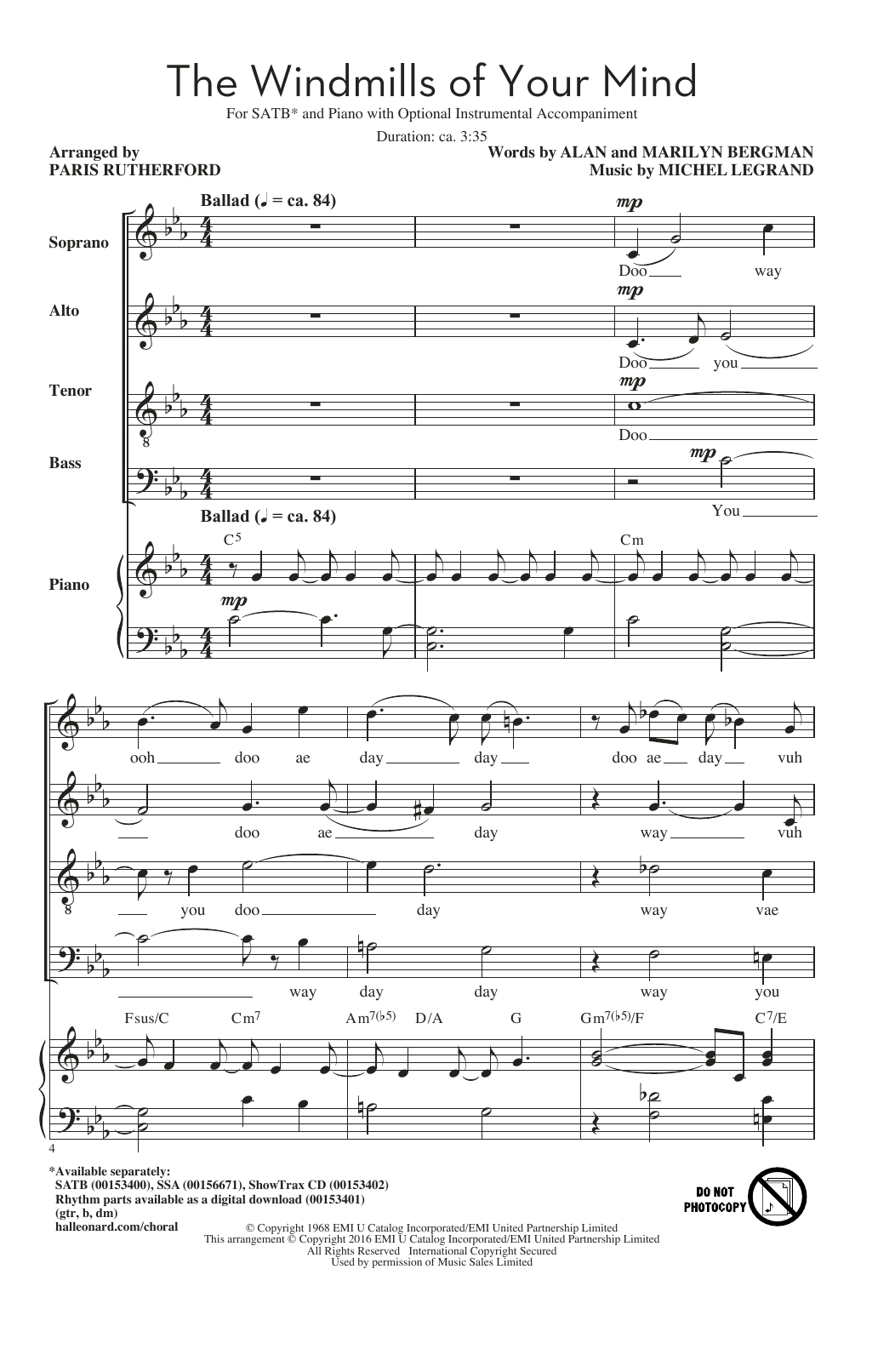 Michel Legrand The Windmills Of Your Mind (arr. Paris Rutherford) Sheet Music Notes & Chords for SSA - Download or Print PDF