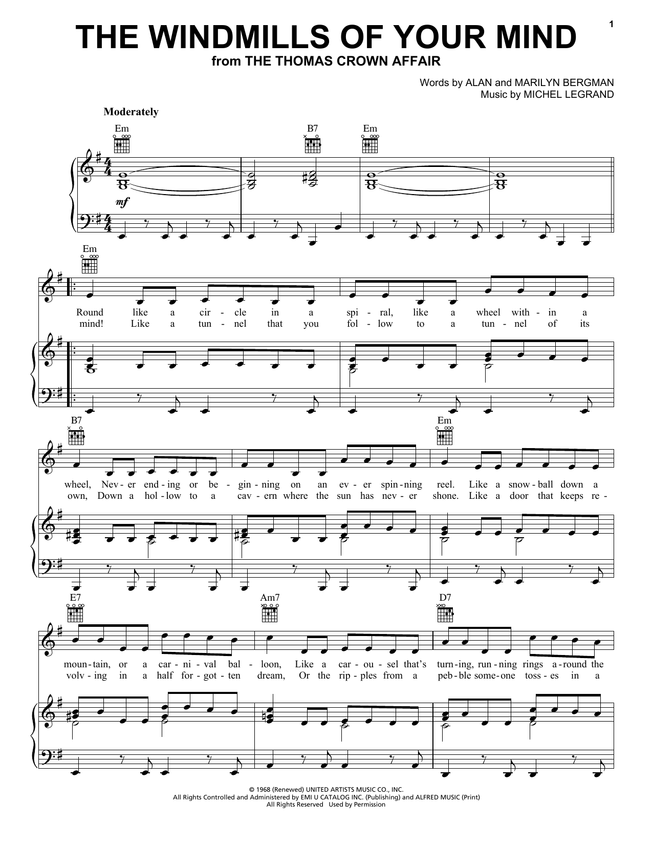 Michel Legrand The Windmills Of Your Mind Sheet Music Notes & Chords for Easy Piano - Download or Print PDF