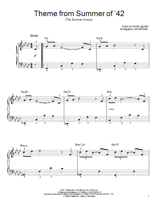 Michel Legrand Theme From Summer Of '42 (The Summer Knows) Sheet Music Notes & Chords for Easy Piano - Download or Print PDF
