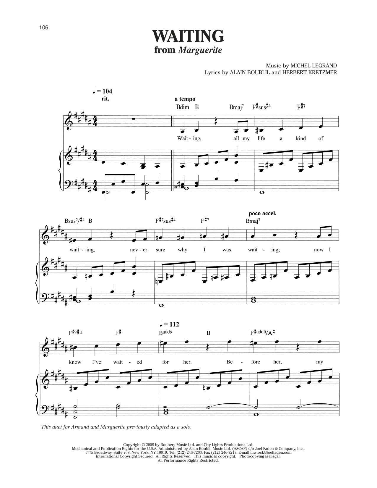 Michel LeGrand Waiting (from Marguerite) Sheet Music Notes & Chords for Piano & Vocal - Download or Print PDF