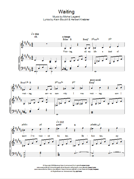 Michel LeGrand Waiting Sheet Music Notes & Chords for Piano, Vocal & Guitar - Download or Print PDF