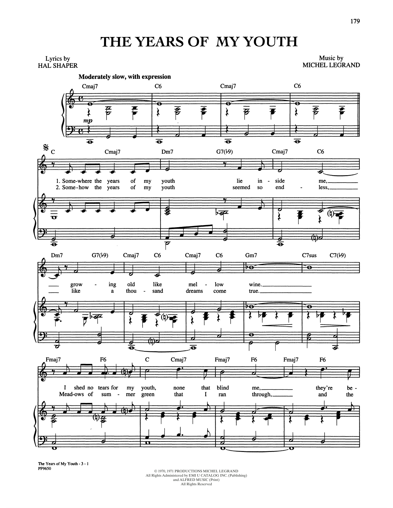 Michel LeGrand Years Of My Youth Sheet Music Notes & Chords for Piano, Vocal & Guitar Chords (Right-Hand Melody) - Download or Print PDF