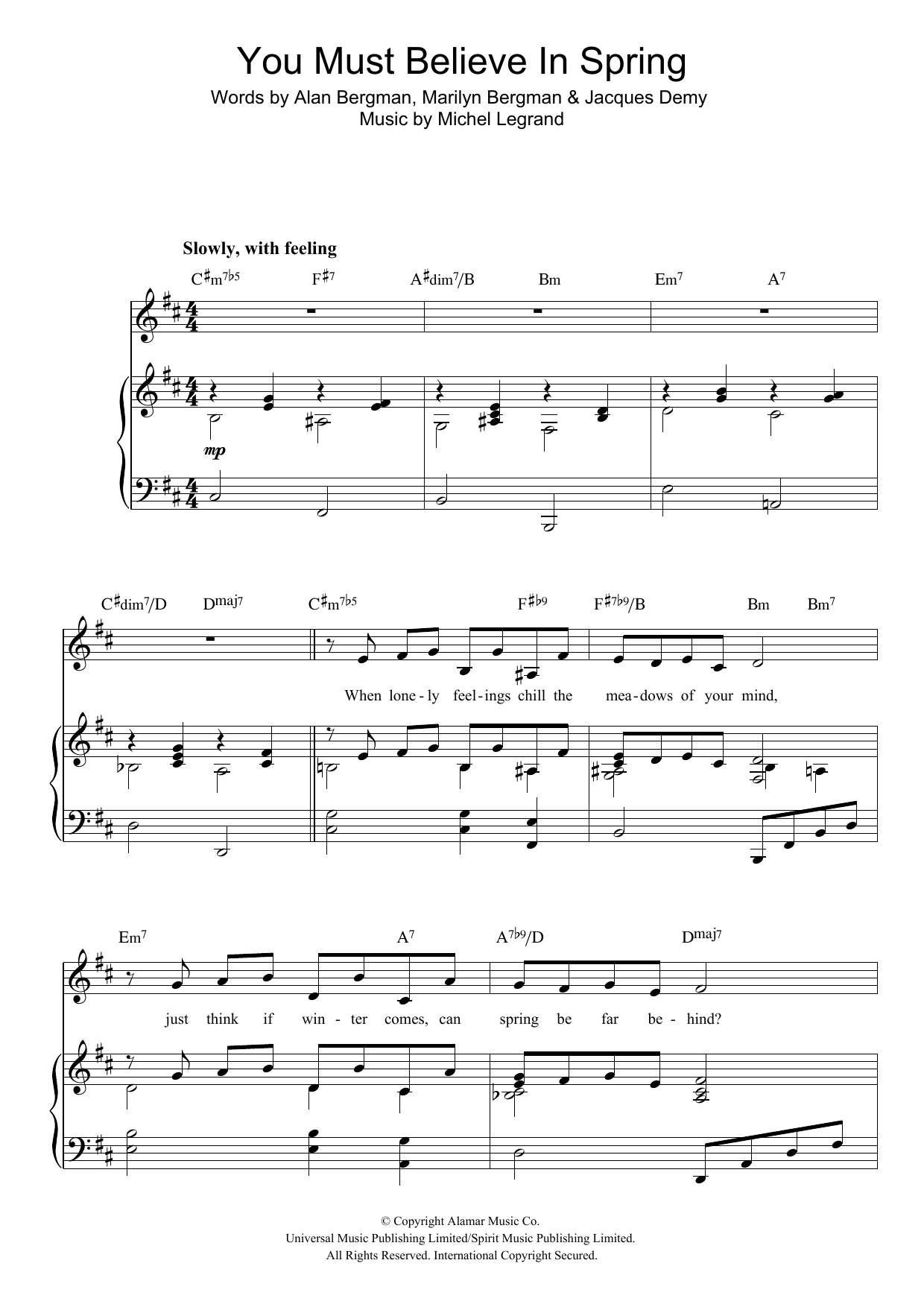 Michel Legrand You Must Believe In Spring Sheet Music Notes & Chords for Piano, Vocal & Guitar (Right-Hand Melody) - Download or Print PDF