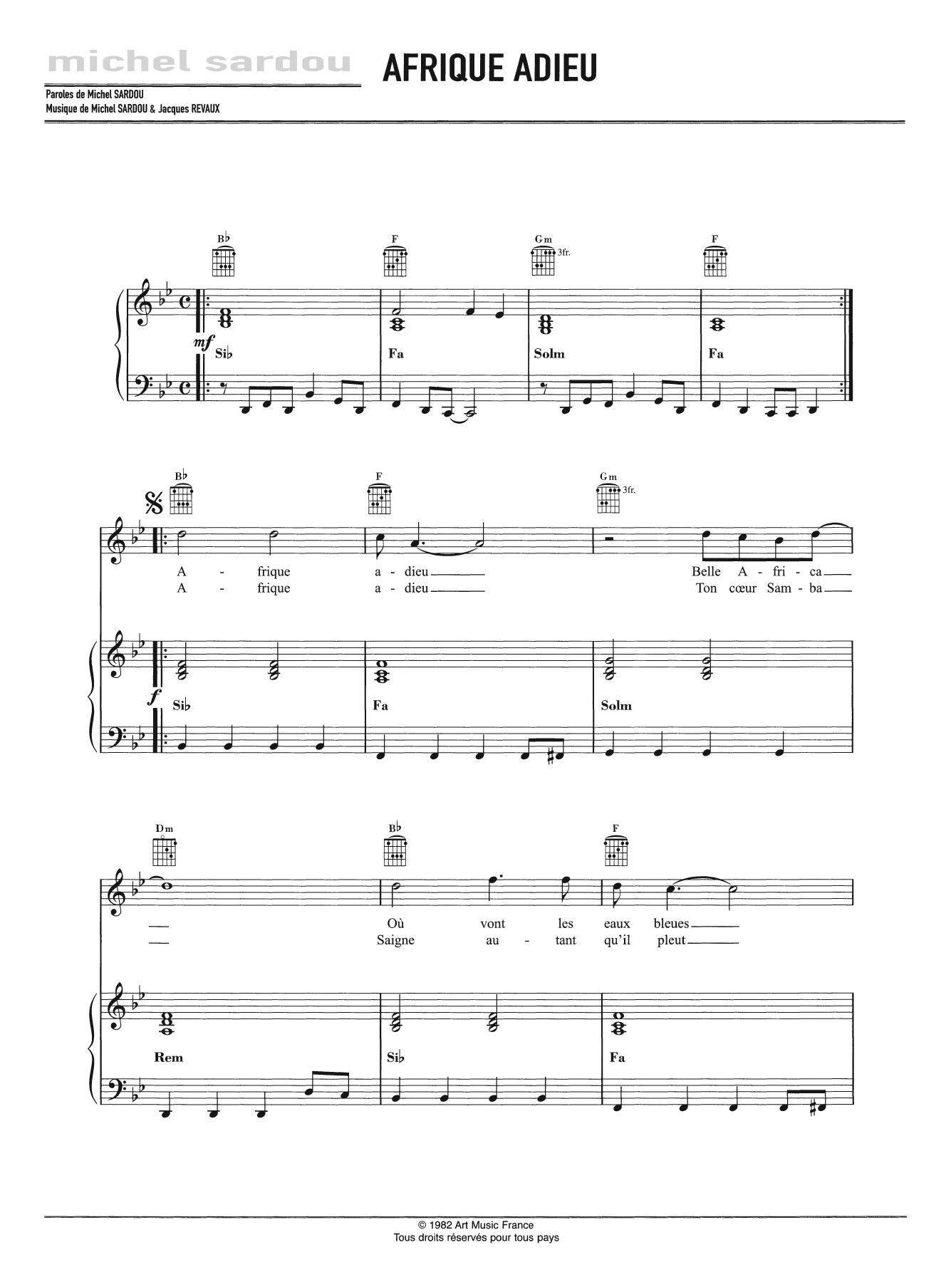 Michel Sardou Afrique Adieu Sheet Music Notes & Chords for Piano, Vocal & Guitar - Download or Print PDF