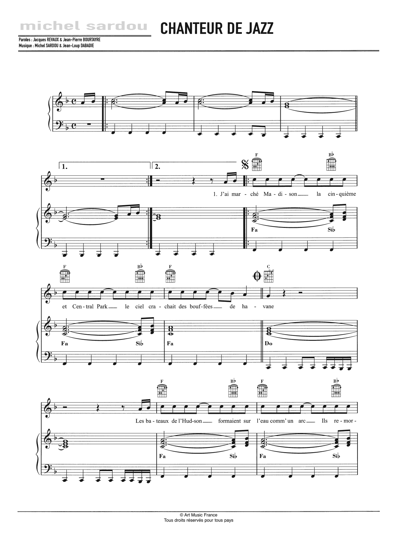 Michel Sardou Chanteur De Jazz Sheet Music Notes & Chords for Piano, Vocal & Guitar - Download or Print PDF