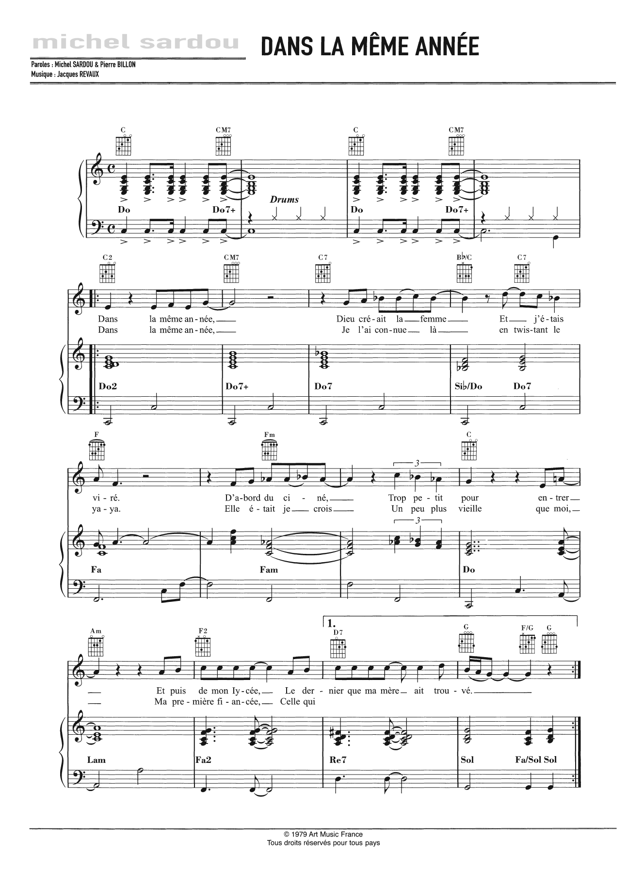 Michel Sardou Dans La Meme Annee Sheet Music Notes & Chords for Piano, Vocal & Guitar - Download or Print PDF