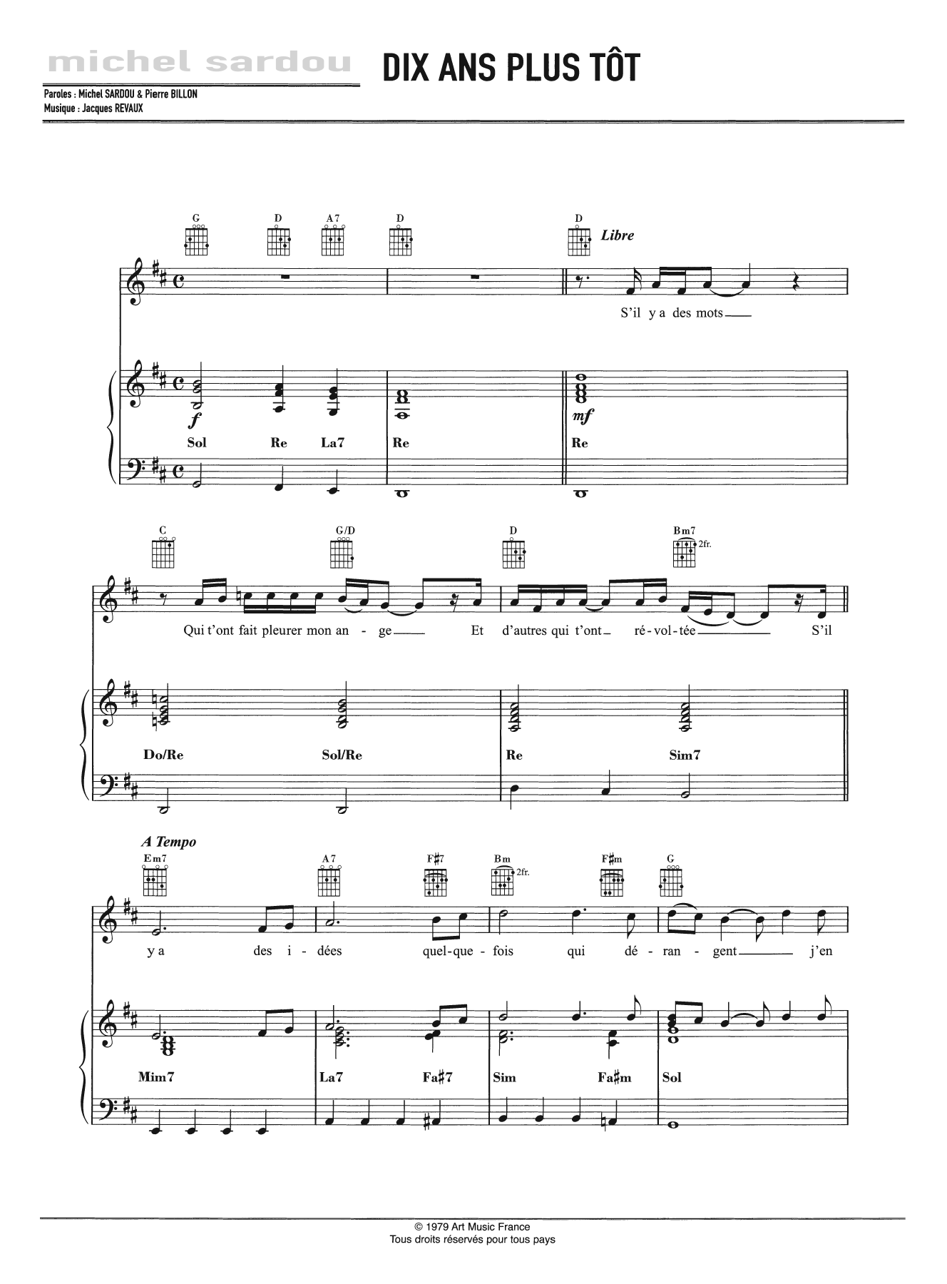 Michel Sardou Dix Ans Plus Tot Sheet Music Notes & Chords for Piano, Vocal & Guitar - Download or Print PDF