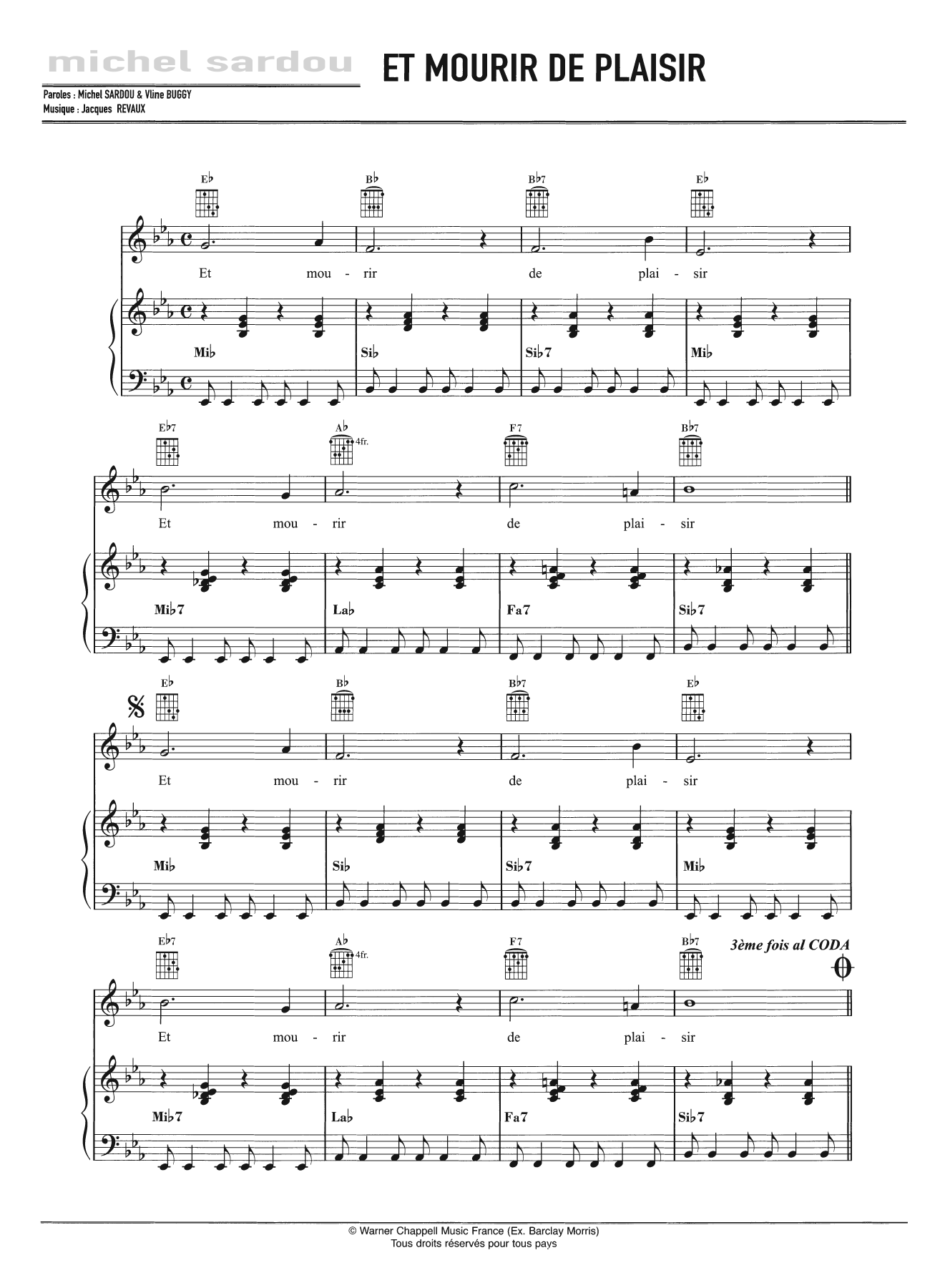 Michel Sardou Et Mourir De Plaisir Sheet Music Notes & Chords for Piano, Vocal & Guitar - Download or Print PDF