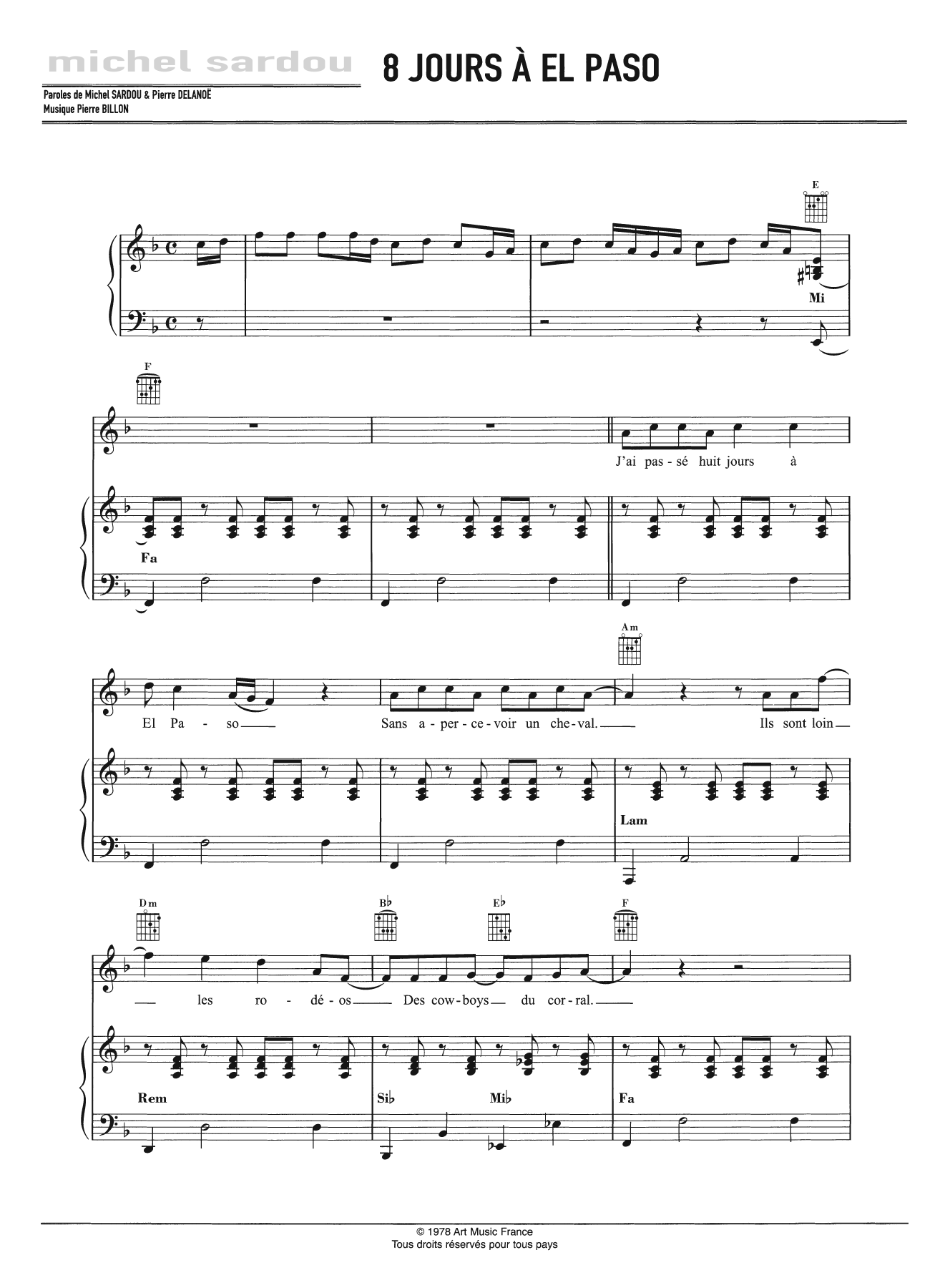 Michel Sardou Huit Jours A El Paso Sheet Music Notes & Chords for Piano, Vocal & Guitar - Download or Print PDF