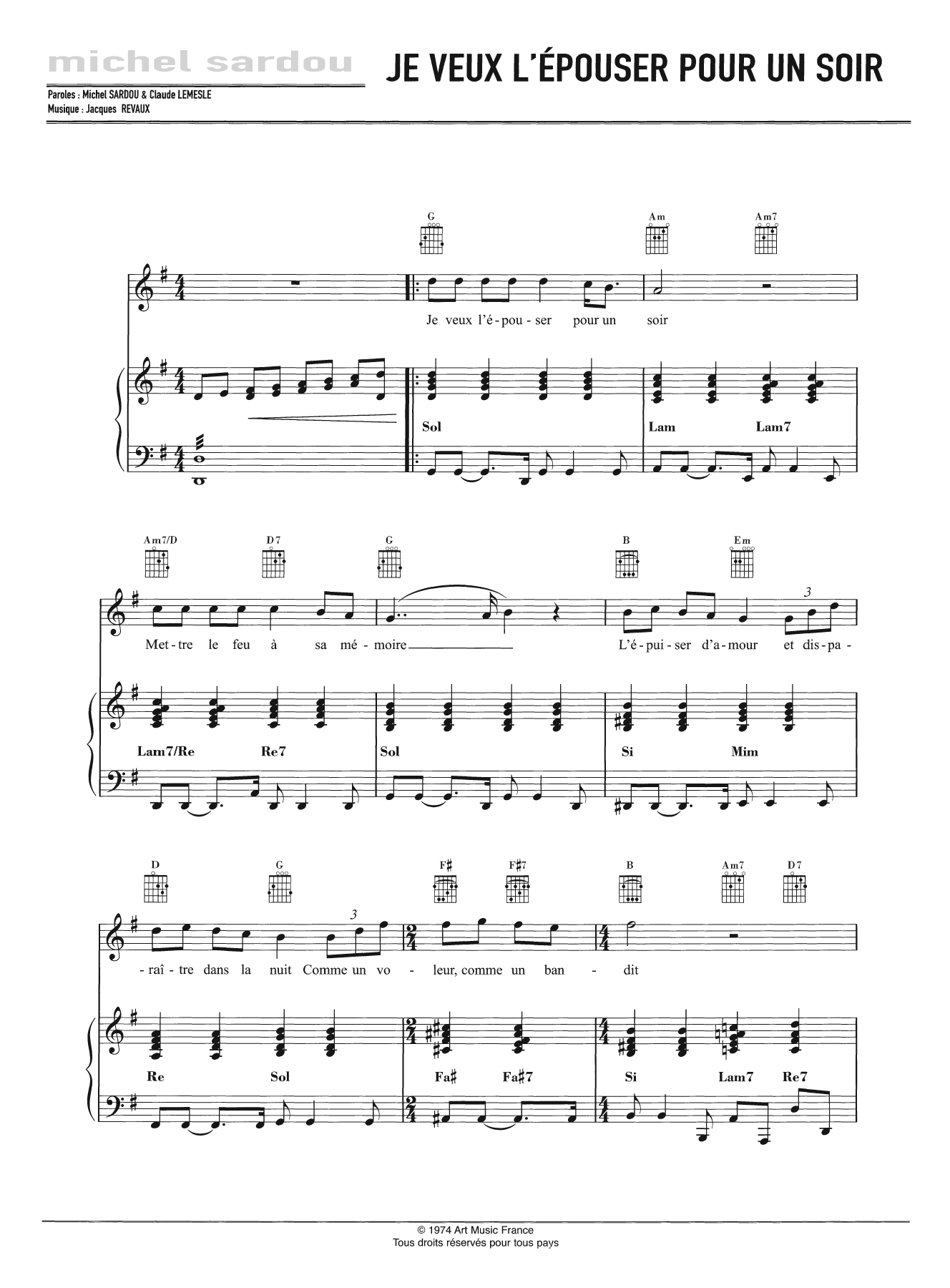 Michel Sardou Je Veux L'Epouser Pour Un Soir Sheet Music Notes & Chords for Piano, Vocal & Guitar - Download or Print PDF