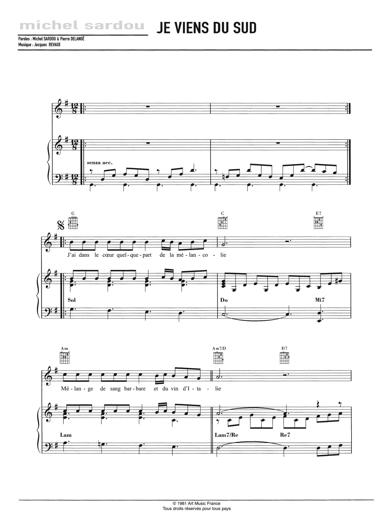 Michel Sardou Je Viens Du Sud Sheet Music Notes & Chords for Piano, Vocal & Guitar - Download or Print PDF