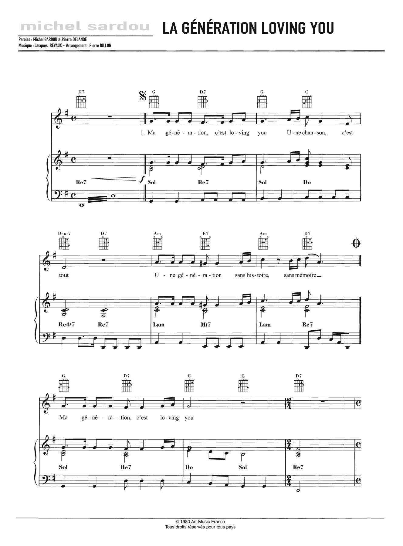 Michel Sardou La Generation Loving You Sheet Music Notes & Chords for Piano, Vocal & Guitar - Download or Print PDF