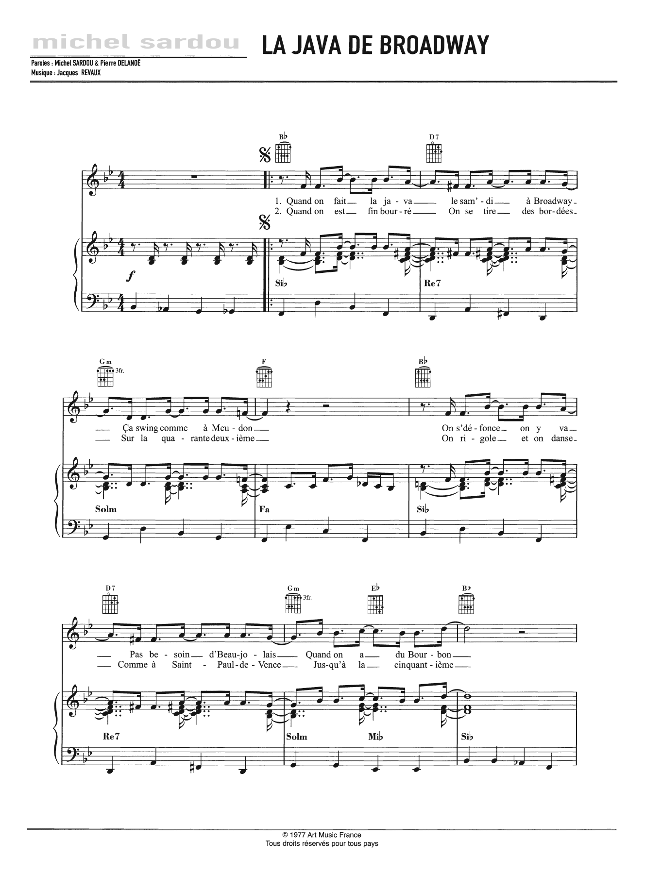 Michel Sardou La Java De Broadway Sheet Music Notes & Chords for Piano, Vocal & Guitar - Download or Print PDF