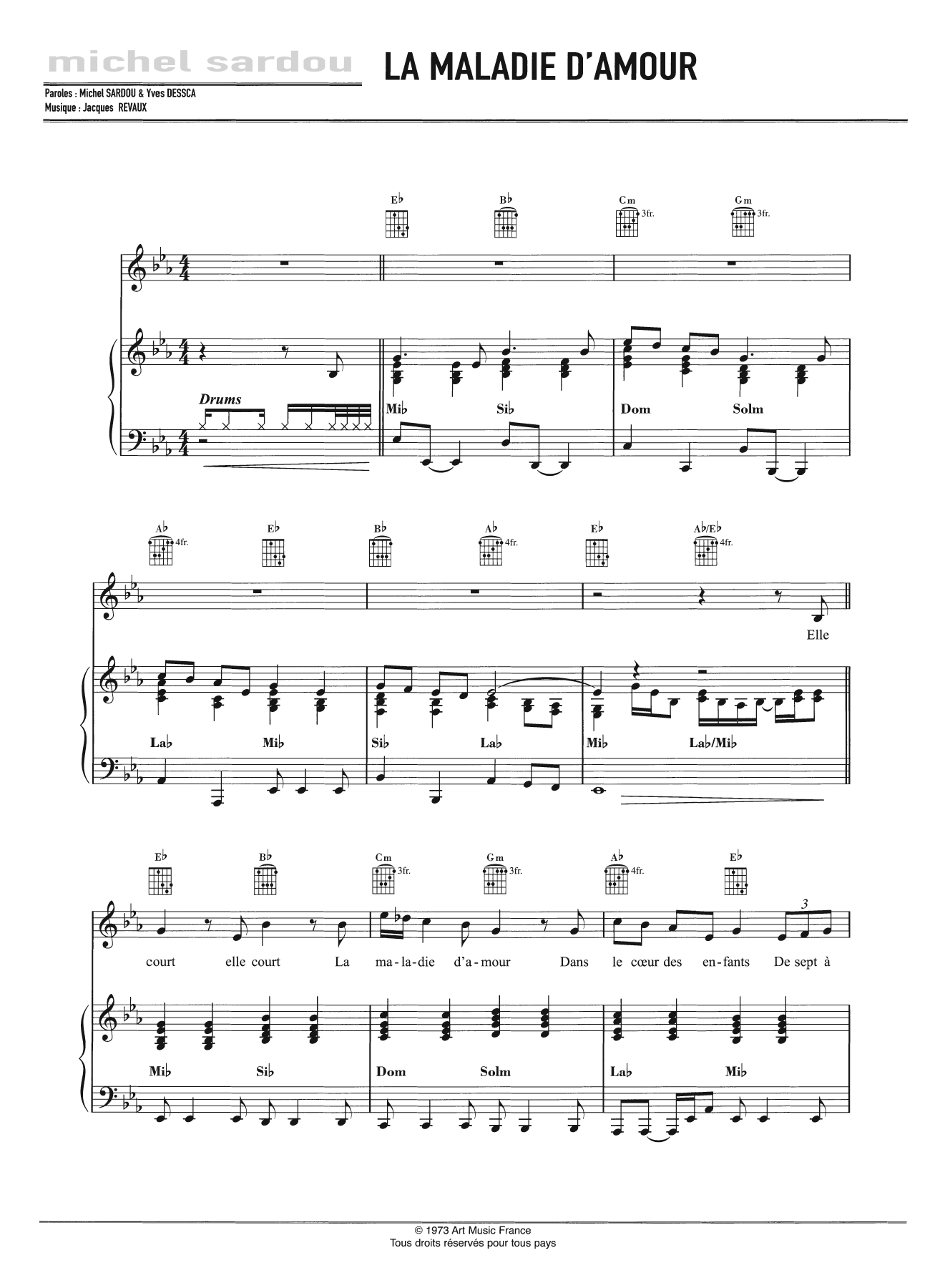 Michel Sardou La Maladie D'Amour Sheet Music Notes & Chords for Piano, Vocal & Guitar - Download or Print PDF