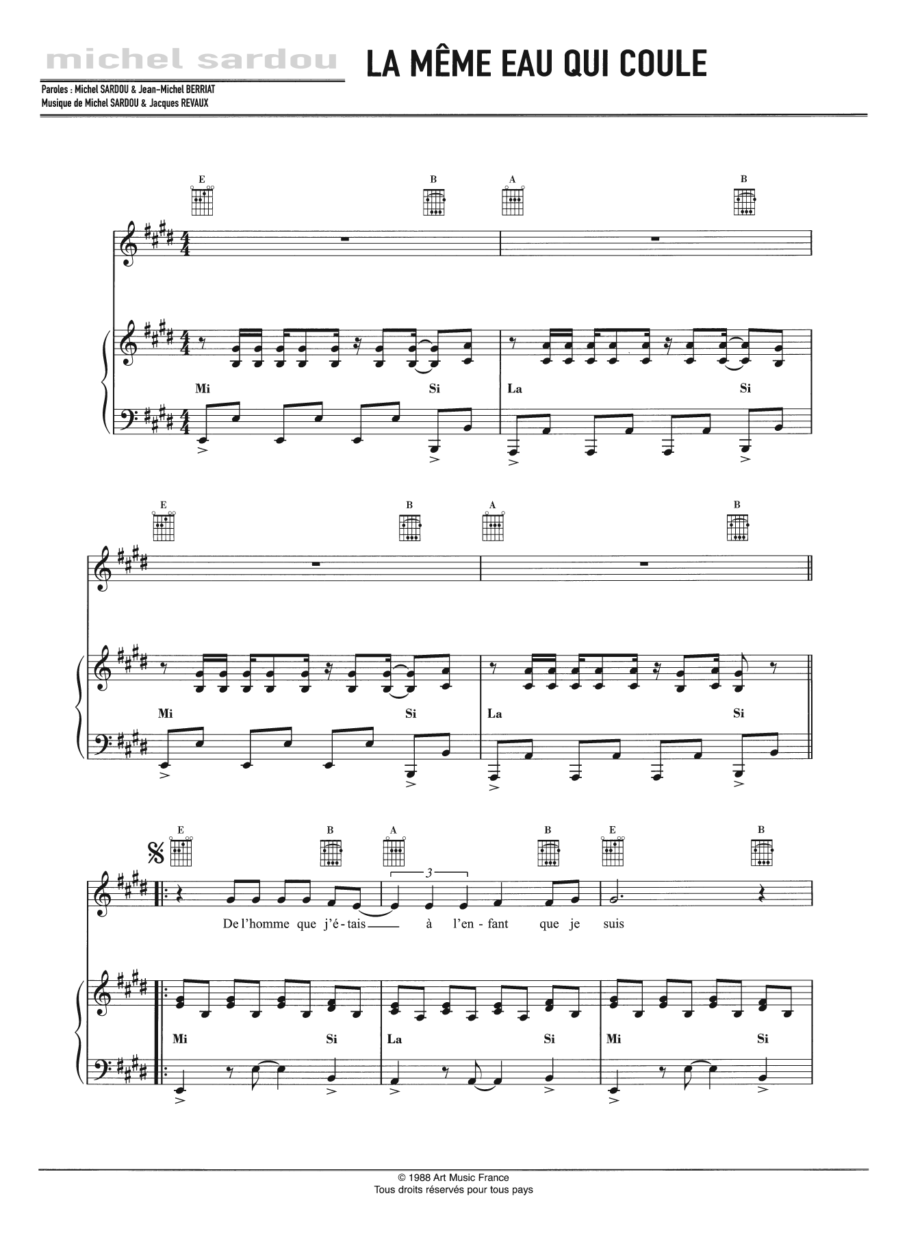 Michel Sardou La Meme Eau Qui Coule Sheet Music Notes & Chords for Piano, Vocal & Guitar - Download or Print PDF