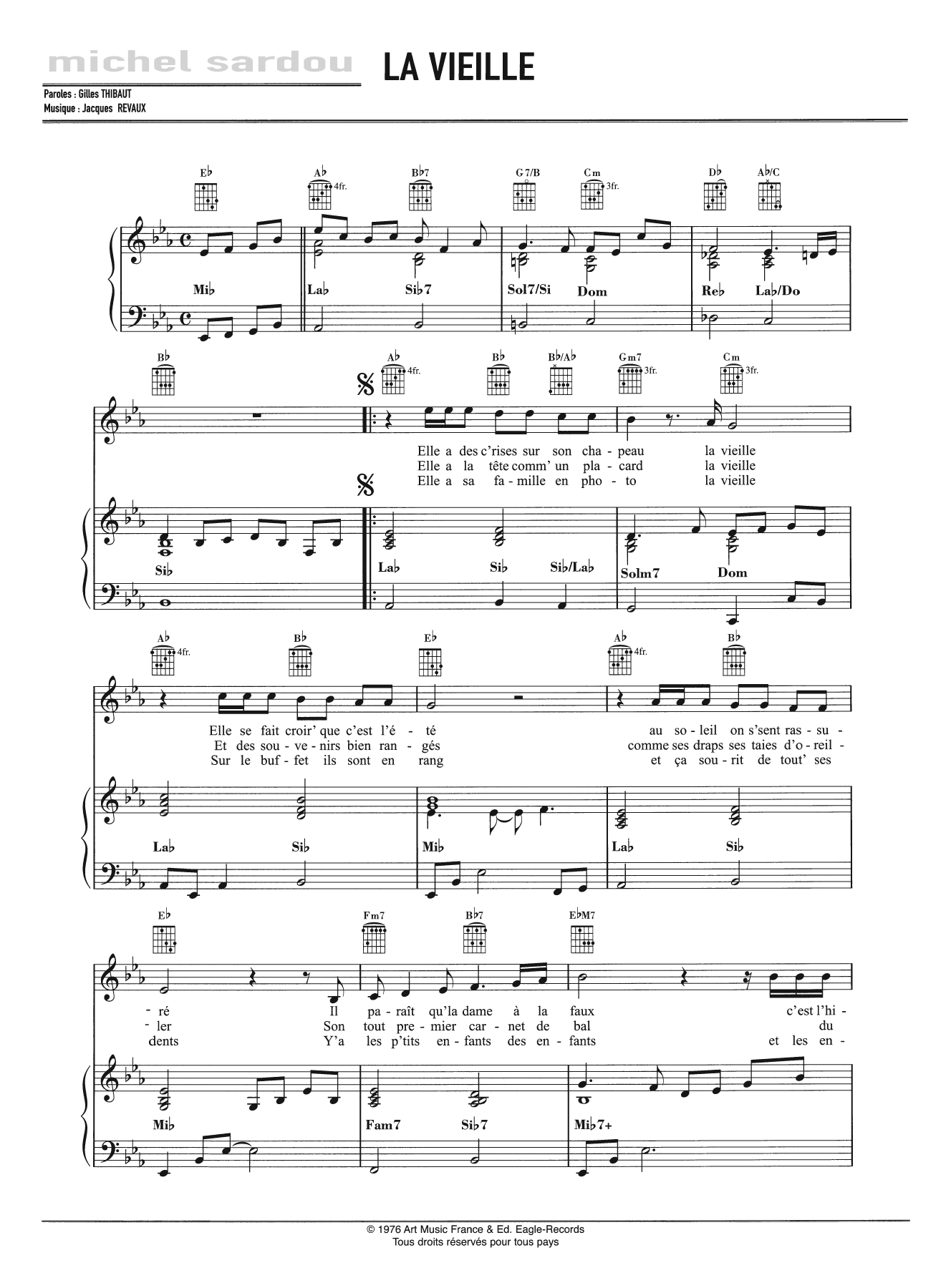 Michel Sardou La Vieille Sheet Music Notes & Chords for Piano, Vocal & Guitar - Download or Print PDF