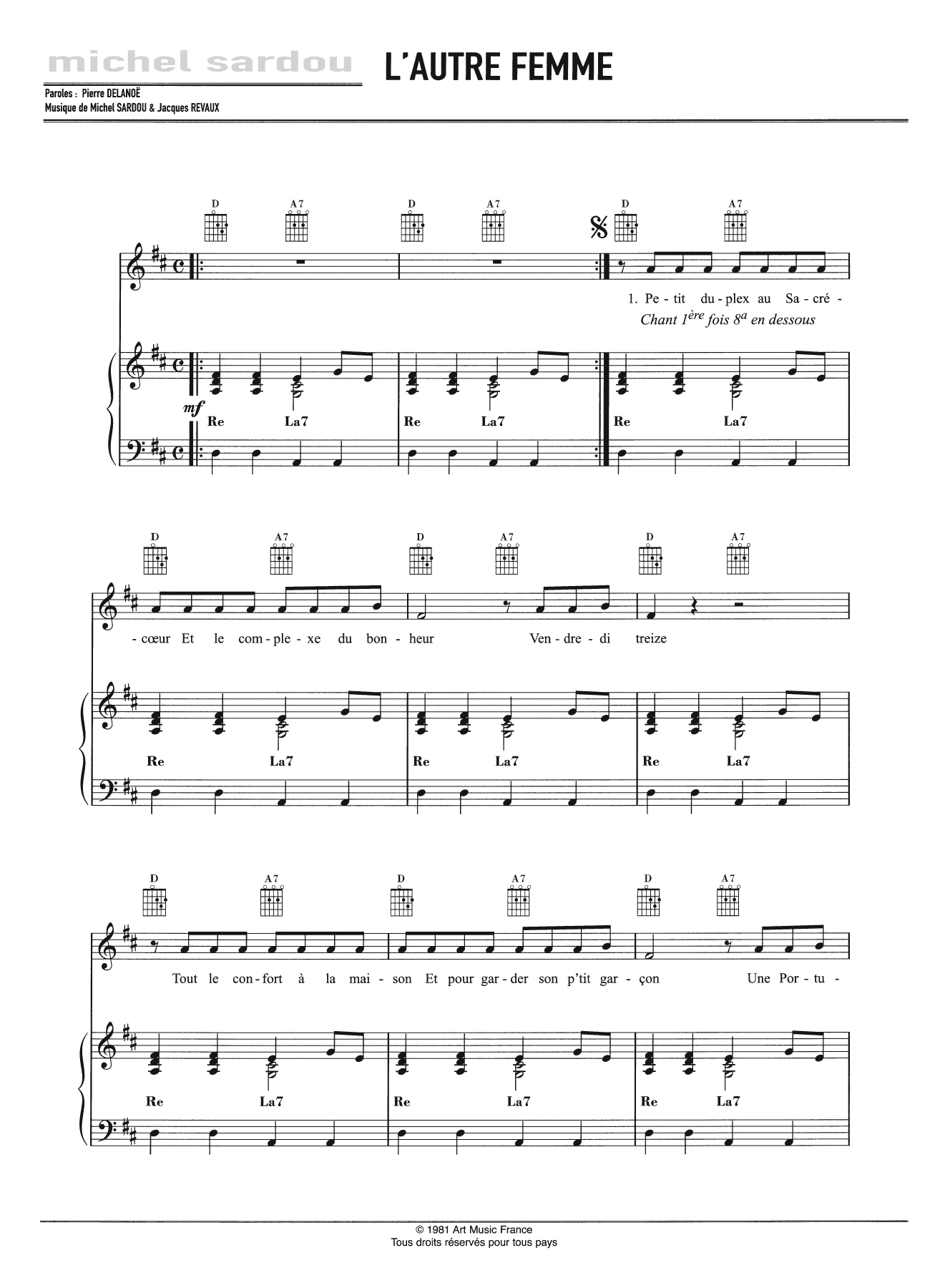 Michel Sardou L'Autre Femme Sheet Music Notes & Chords for Piano, Vocal & Guitar - Download or Print PDF