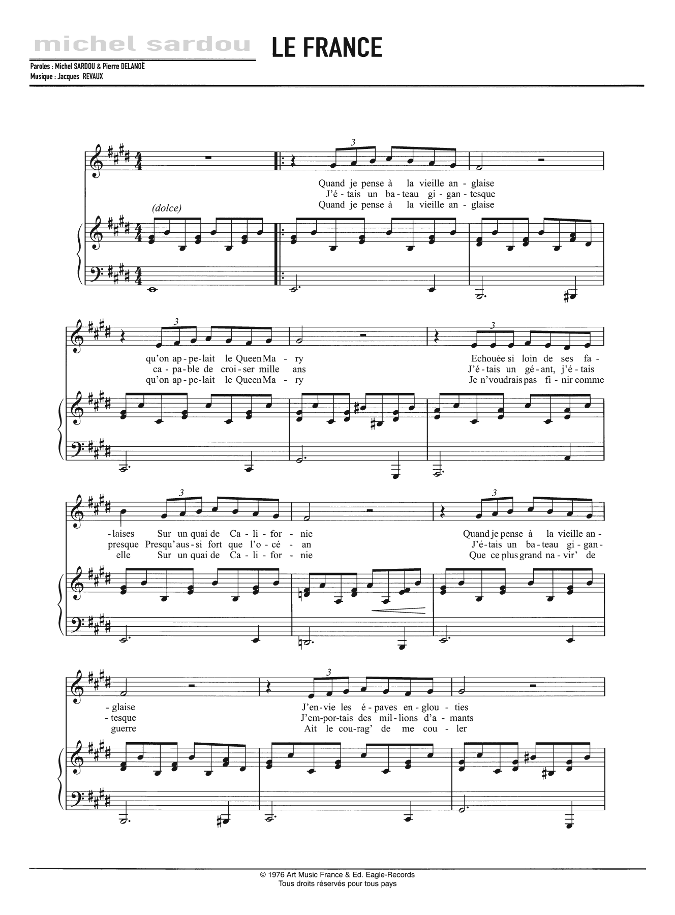 Michel Sardou Le France Sheet Music Notes & Chords for Piano, Vocal & Guitar - Download or Print PDF