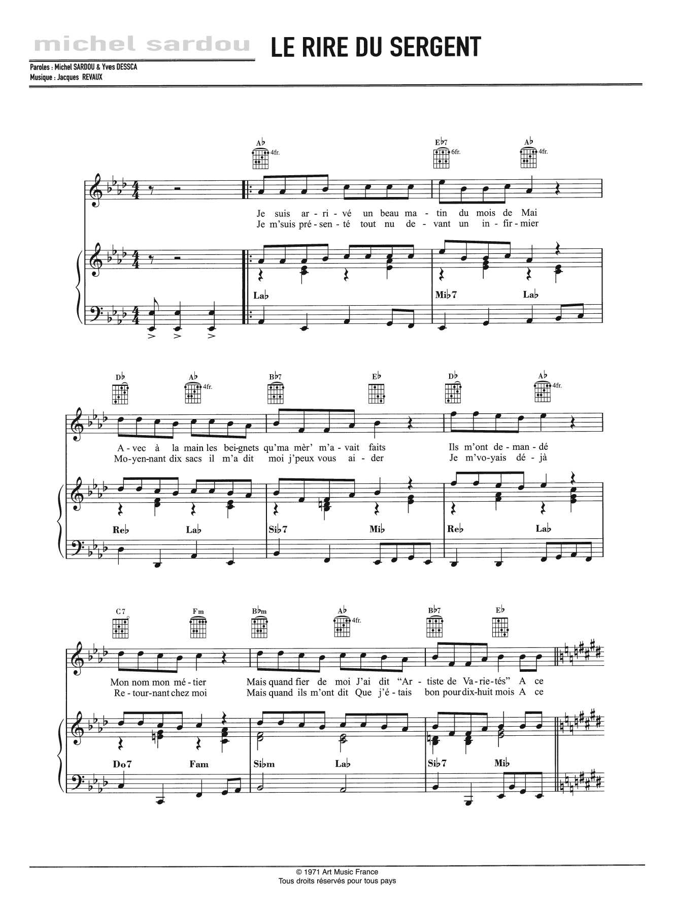 Michel Sardou Le Rire Du Sergent Sheet Music Notes & Chords for Piano, Vocal & Guitar - Download or Print PDF