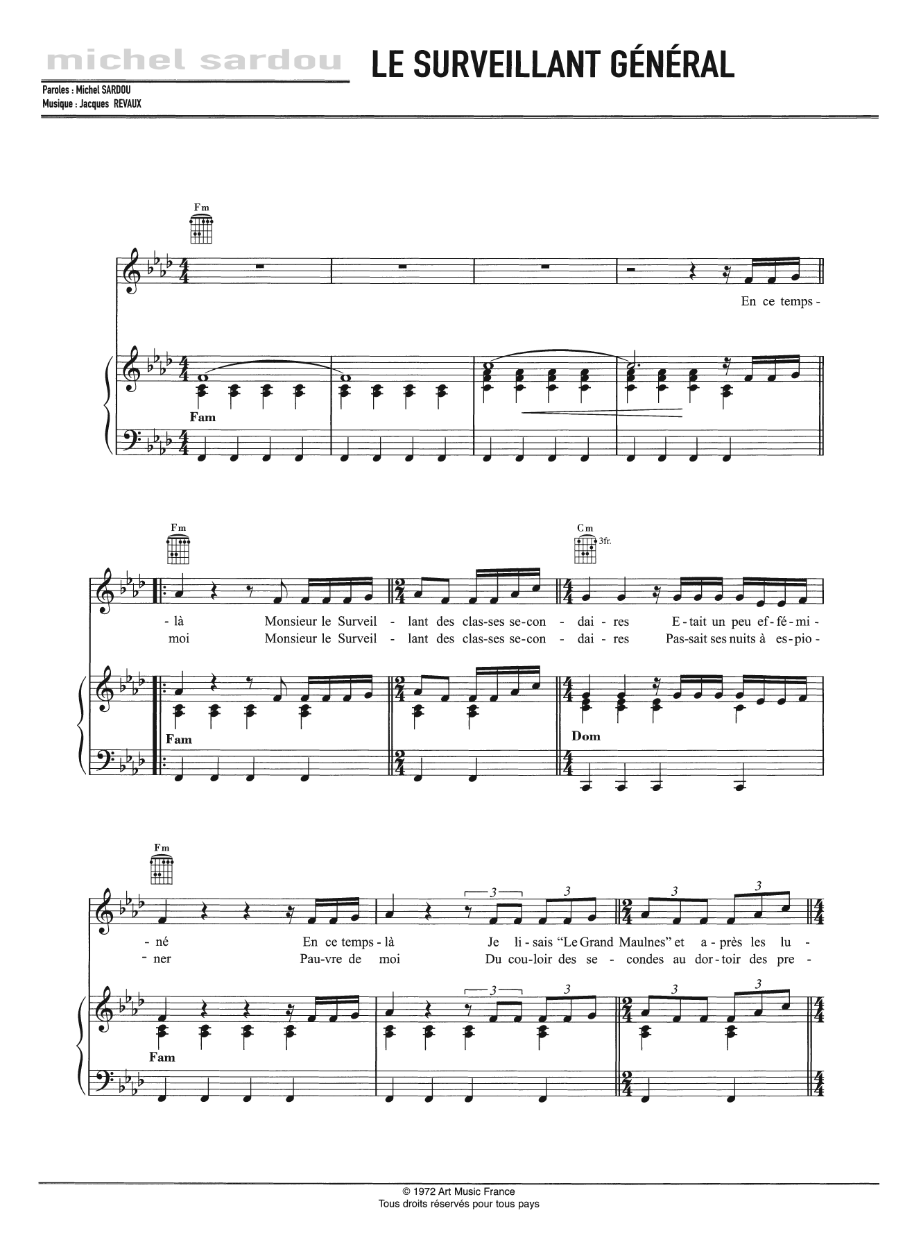 Michel Sardou Le Surveillant General Sheet Music Notes & Chords for Piano, Vocal & Guitar - Download or Print PDF