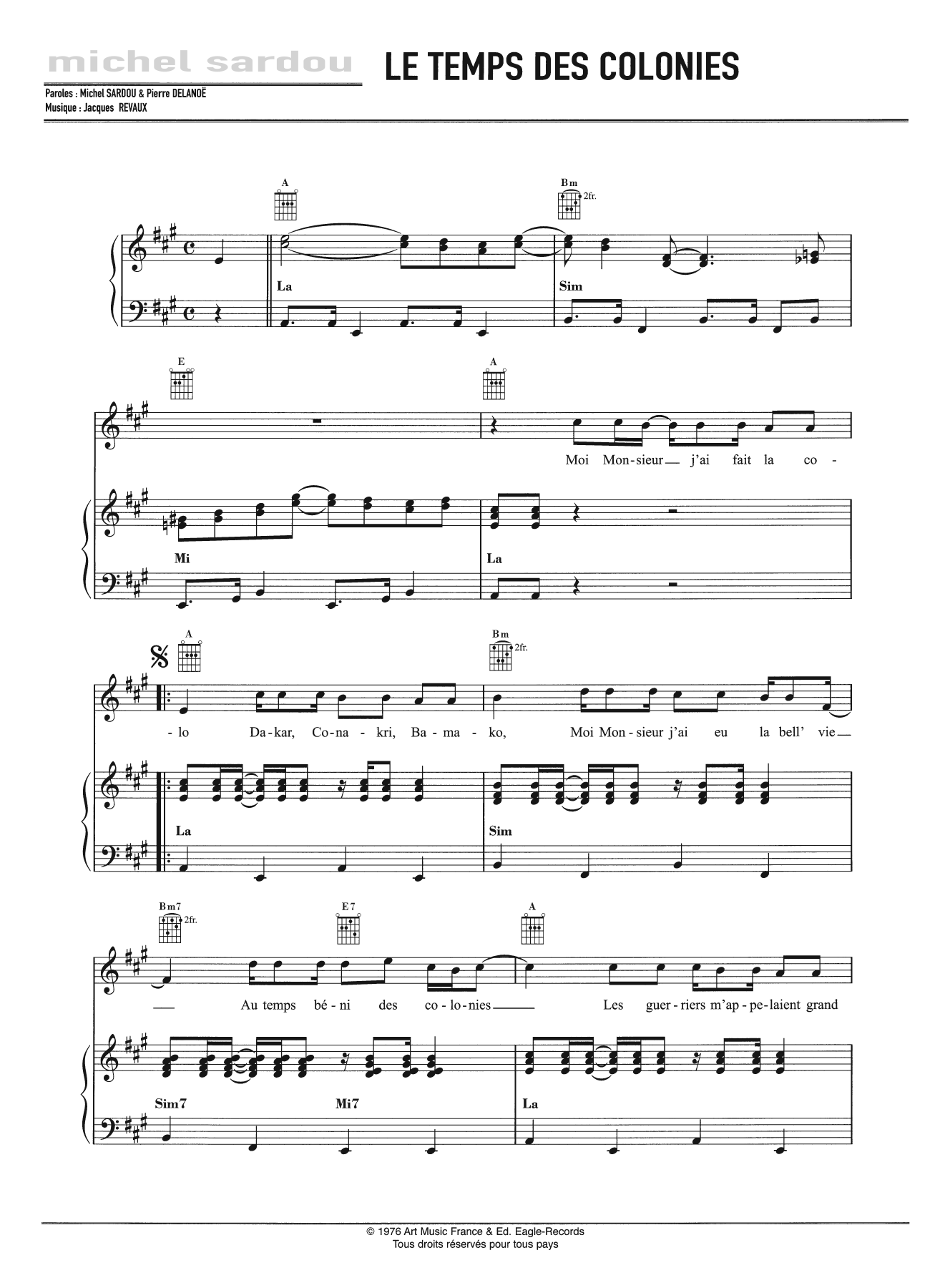 Michel Sardou Le Temps Des Colonies Sheet Music Notes & Chords for Piano, Vocal & Guitar - Download or Print PDF