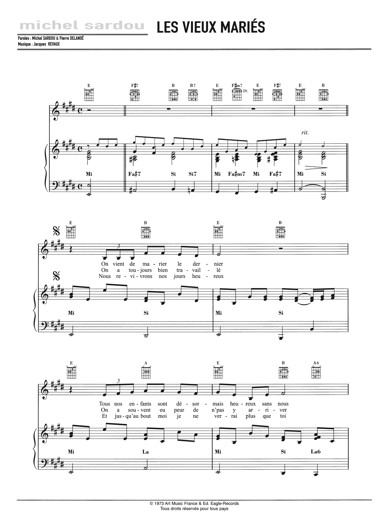 Michel Sardou Les Vieux Maries Sheet Music Notes & Chords for Piano, Vocal & Guitar - Download or Print PDF