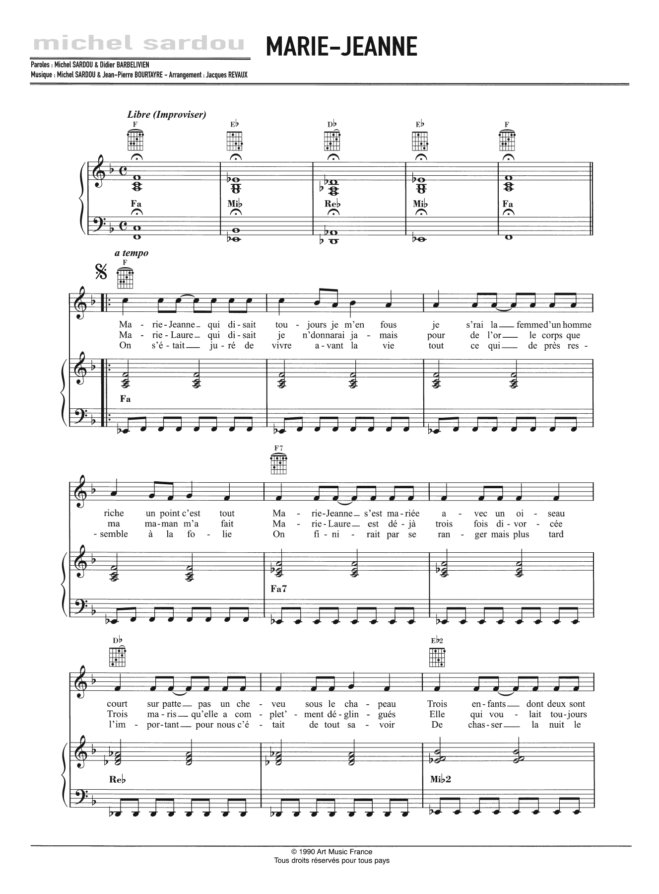 Michel Sardou Marie-Jeanne Sheet Music Notes & Chords for Piano, Vocal & Guitar - Download or Print PDF