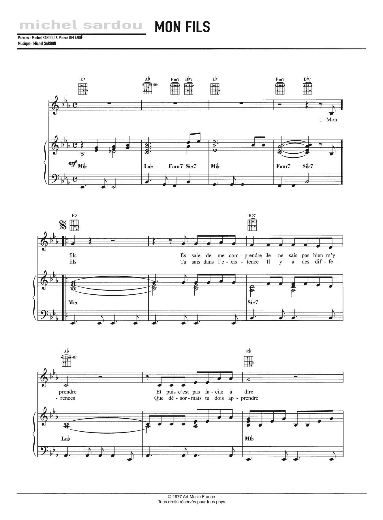 Michel Sardou Mon Fils Sheet Music Notes & Chords for Piano, Vocal & Guitar - Download or Print PDF