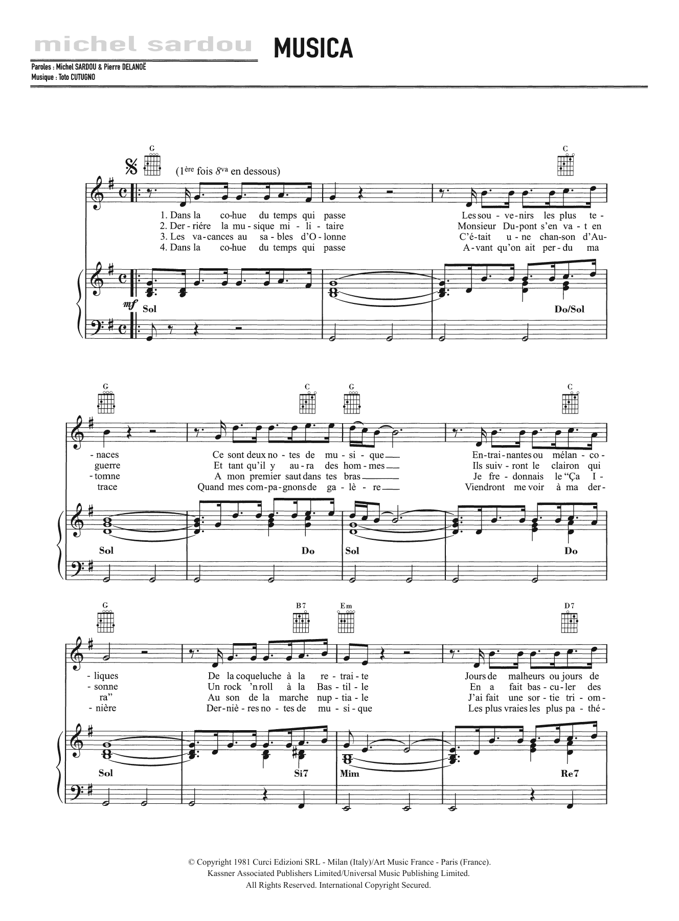 Michel Sardou Musica Sheet Music Notes & Chords for Piano, Vocal & Guitar (Right-Hand Melody) - Download or Print PDF
